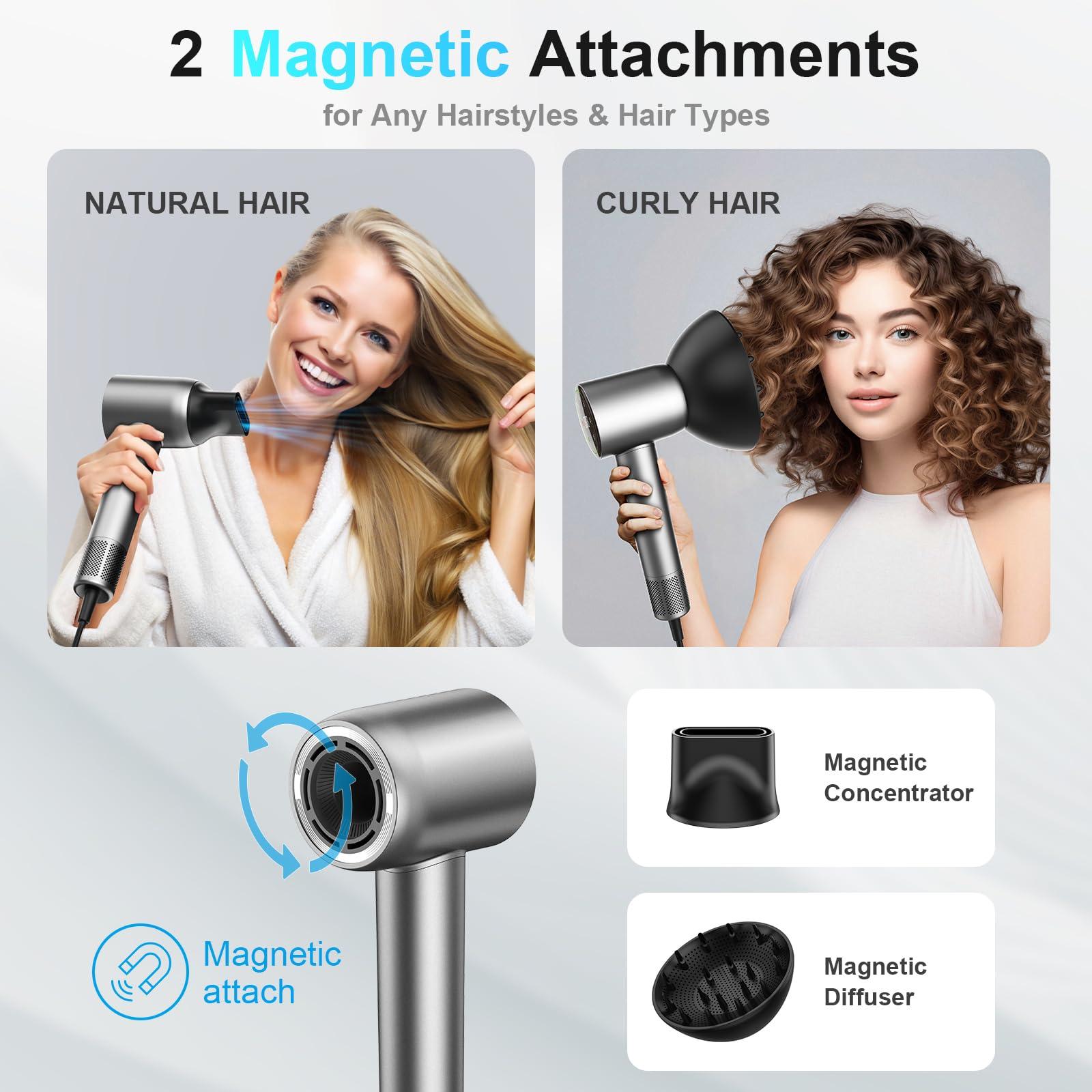 Guowo Hair Dryer, 160000 RPM Professional High Speed Ionic Blow Dryer for Fast Drying, 5 Temps/3 Speeds Lightweight Hairdryer with Magnetic Diffuser for Curly Hair for Home Travel Salon, Silver - Image 5