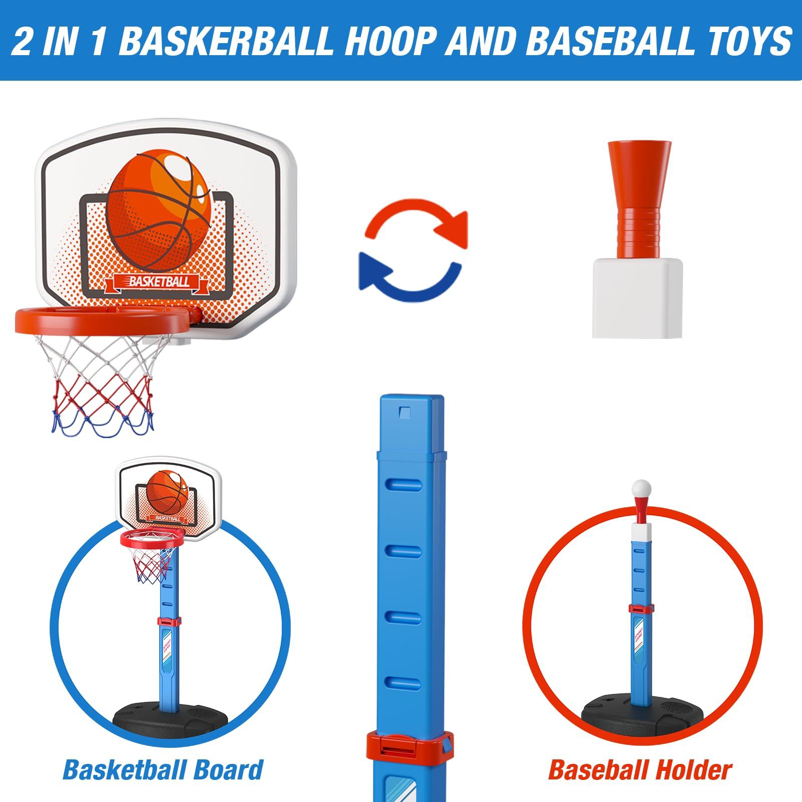 HYES 2 in 1 Kids Basketball Hoop and T Ball Set - Adjustable Height, Kids Baseball Tee with Automatic Pitching Machine, Indoor Outdoor Sport Toys Gifts for Toddler Boys Girls Age 1-5, Blue - Image 8