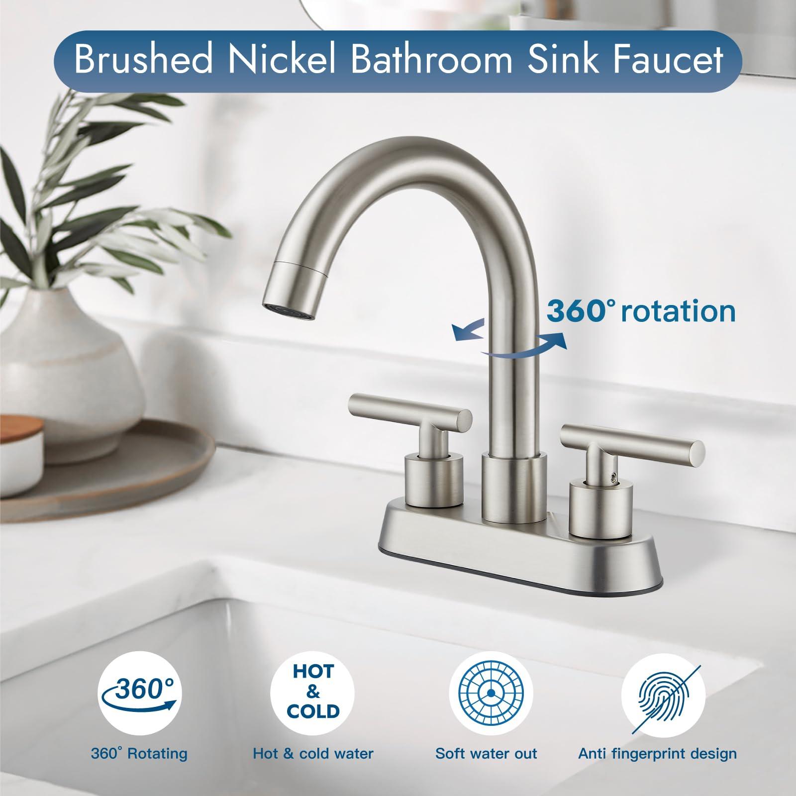 Cinwiny 4 Inch Centerset Bathroom Sink Faucet Double Handles Bathroom Vanity Faucets 360 Degree Swivel Spout Deck Mount Mixer Tap with Pop-up Drain,Brushed Nickel - Image 5