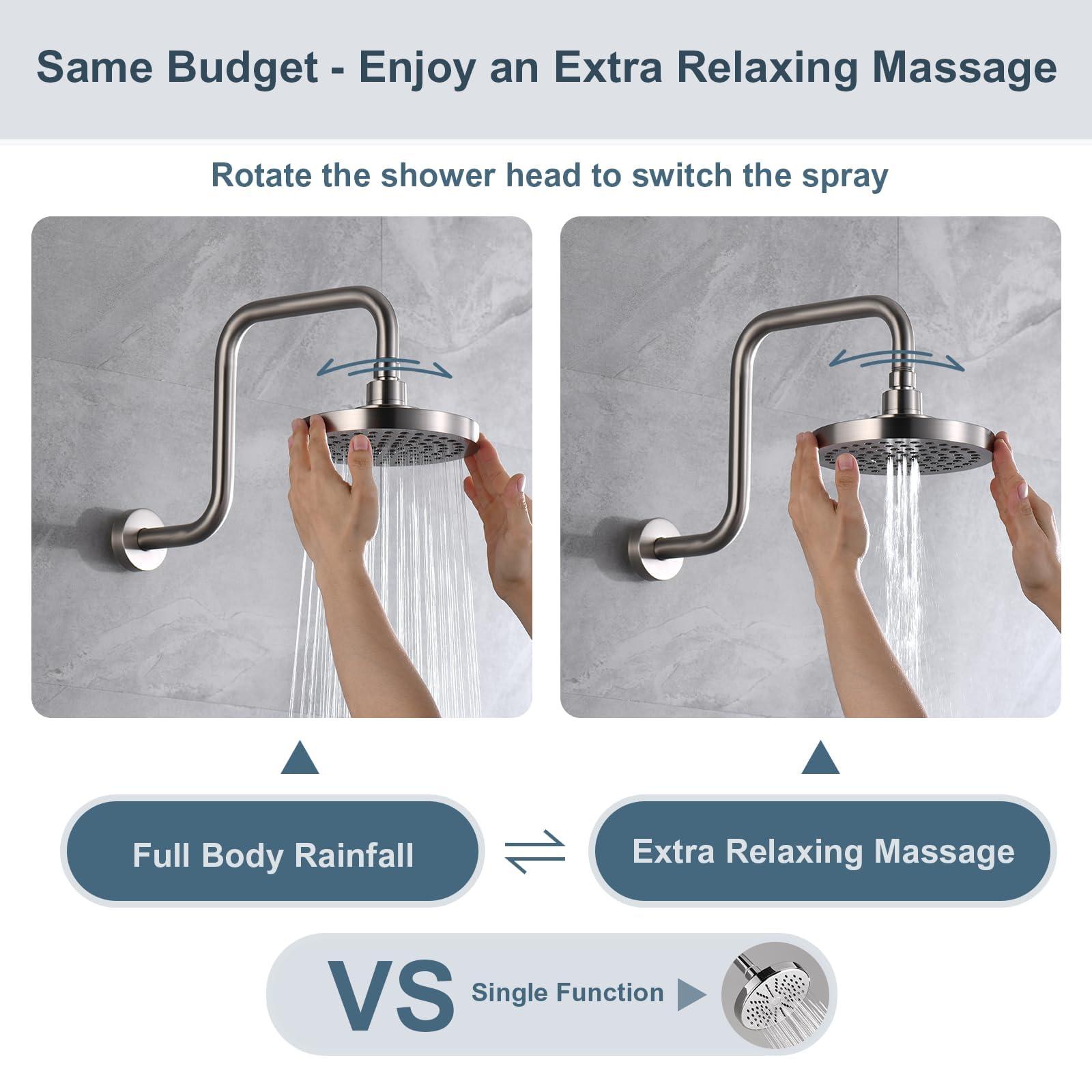 BRIGHT SHOWERS High Pressure Shower Head, 6 Inch Rain Shower Head, 2 Spray Settings Rainfall Shower Heads, Adjustable Angle Replacement Bathroom Showerhead, Easy Installation Brushed Nickel - Image 3