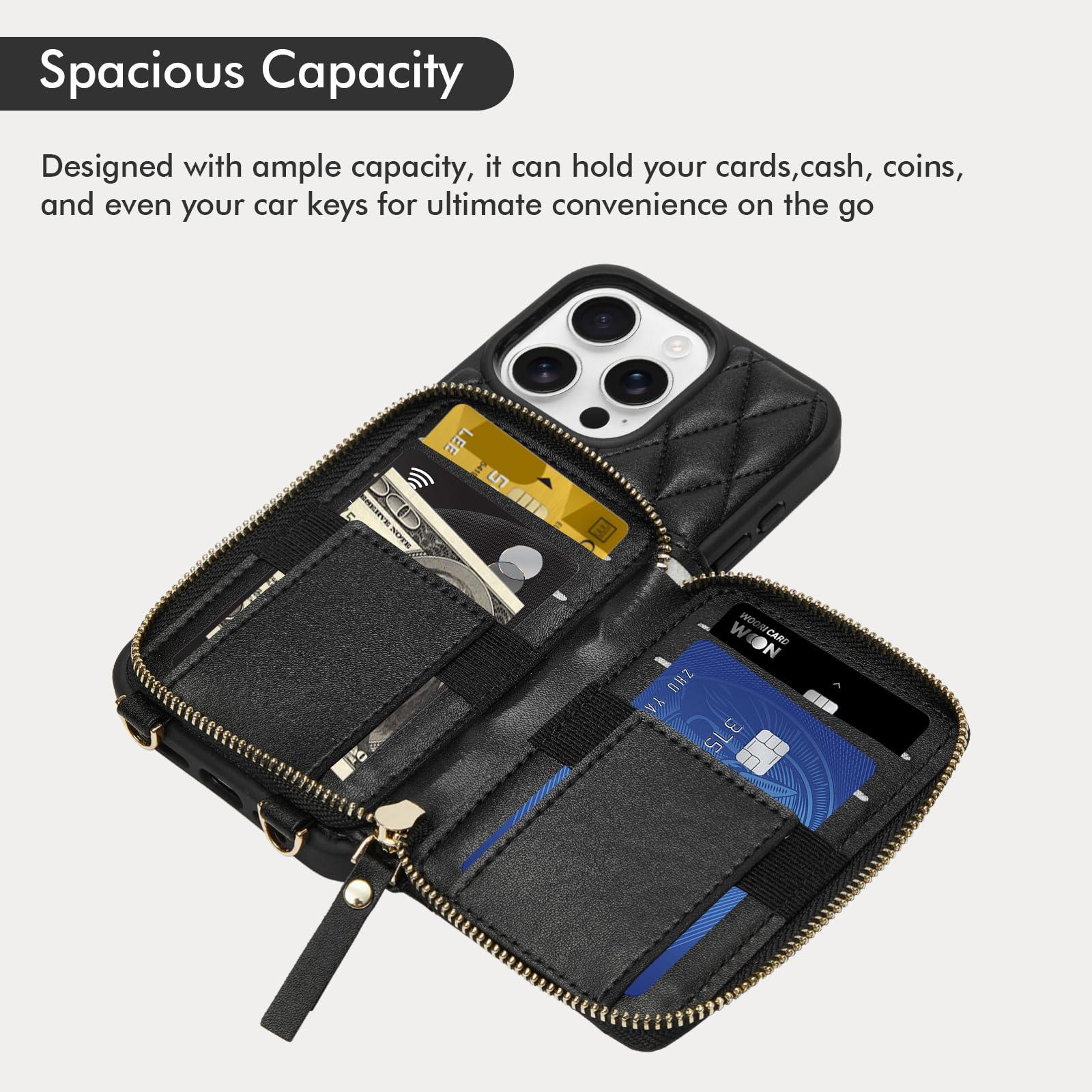 ZVE for iPhone 16 Pro Max Wallet Case for Women, Crossbody Case with Wrist Strap Protective Leather Lanyard with Ring Holder Flip Cover 6.9 Inch - Black - Image 2