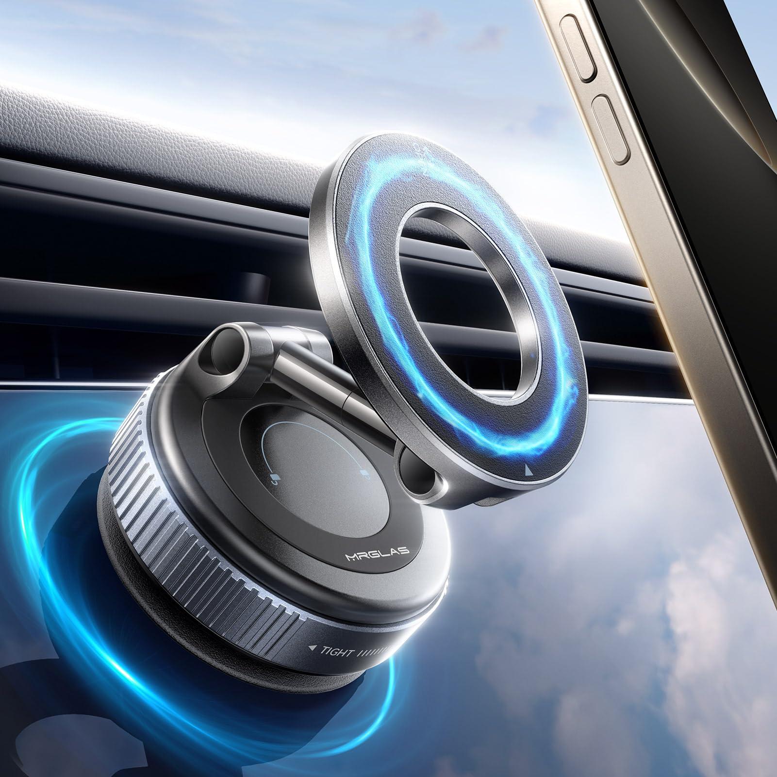 MRGLAS 2025 Upgraded Vacuum Magnetic Phone Holder for Your Car, 360° Adjustable Foldable Magsafe Suction Cup Phone Mount [89+LBS Suction & 2800gf Magnetic] Car Truck Accessories Gifts for Women Men