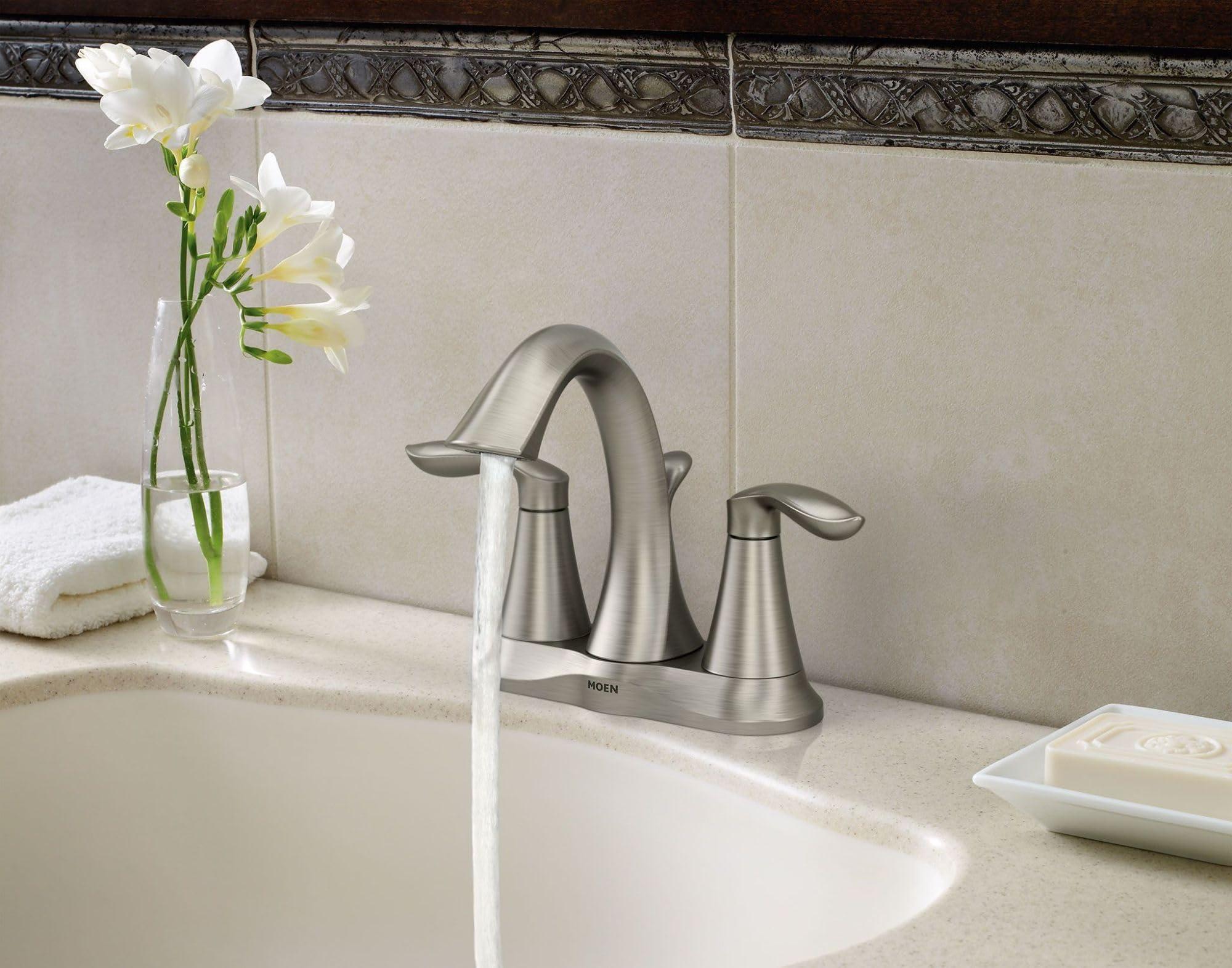 Moen Eva Brushed Nickel Two-Handle 4-Inch Centerset Bathroom Faucet with Drain Assembly, Bathroom Faucets for Sink 3-Hole, 6410BN - Image 5