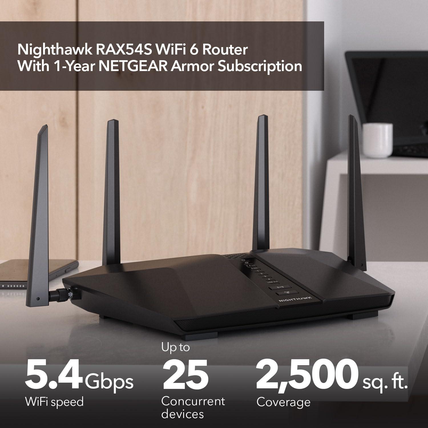 NETGEAR Nighthawk 6-Stream Dual-Band WiFi 6 Router (RAX54S) – Security Features, AX5400 Wireless Speed, Up to 5.4 Gbps, Covers up to 2,500 sq. ft., 25 Devices - 1-Year Armor Subscription Included - Image 2