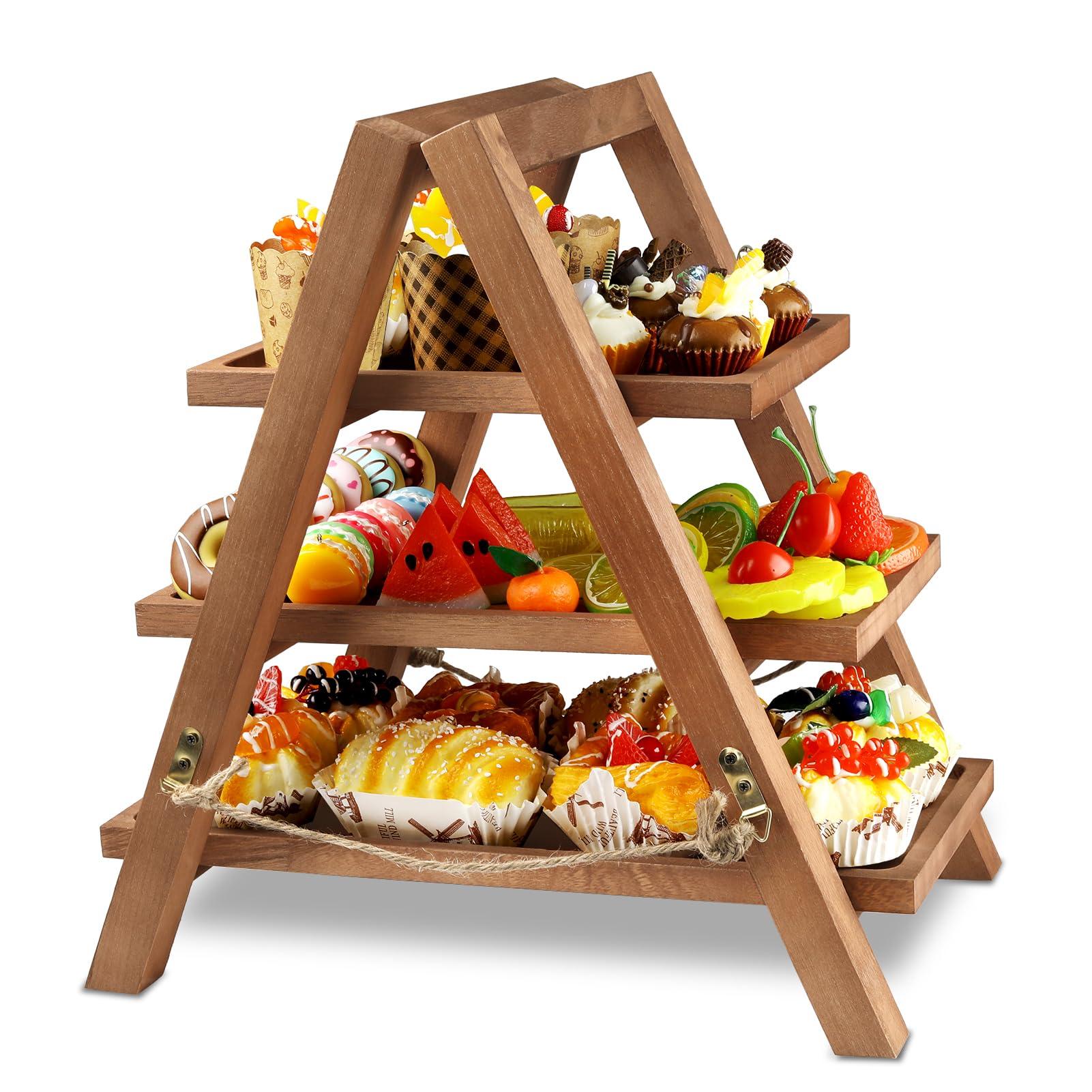 HolierHigh 3 Tier Wooden Cupcake Stand, Removable and Foldable Decorative Trays, Dessert Table Display Set, for Food Display at Party, Baby Shower, Wedding