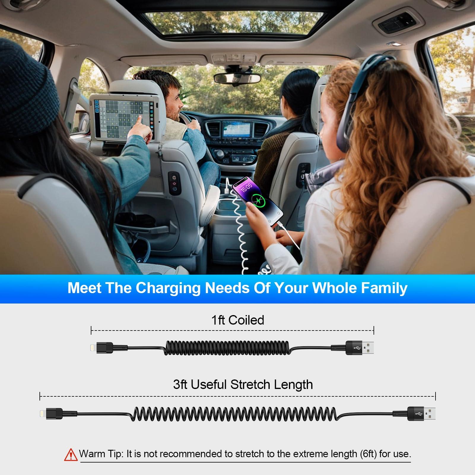 Coiled Lightning Cable Fast Charging Compatible for iPhone 14 13 12 11 Pro Max XR XS X 8 7 6 Plus SE iPad iPod [Apple MFi Certified],2Pack/3FT iPhone Charger Cord Short Car Charger Carplay Retractable - Image 3