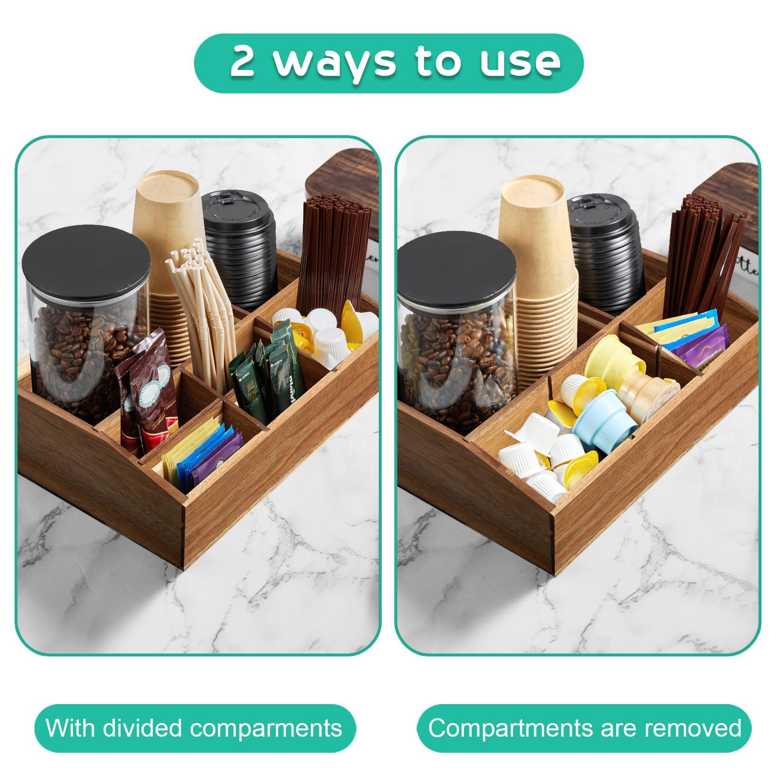 Acacia Wood Coffee Station Organizer for Countertop - 7 Compartments Coffee Bar Accessories and Organizer with Removable Dividers - Coffee and Tea Condiment storage Organizer for Coffee Bar Decor - Image 4