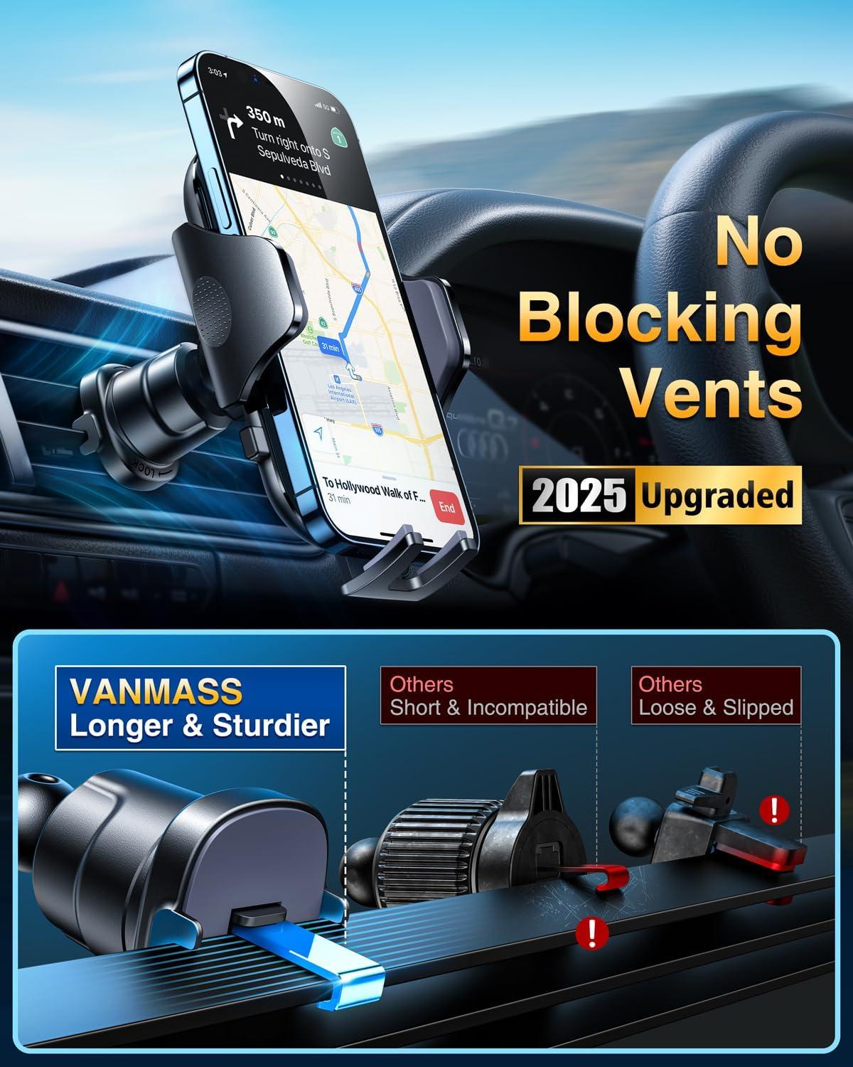 [2025 True Military-Grade] Car Phone Holder VANMASS [Upgraded Strongest Suction & Clip] Cell Phone Mount for Dashboard Windshield Vent,Truck Cradle Stand for iPhone 16 Pro Max 15 14 13 Samsung Android - Image 6