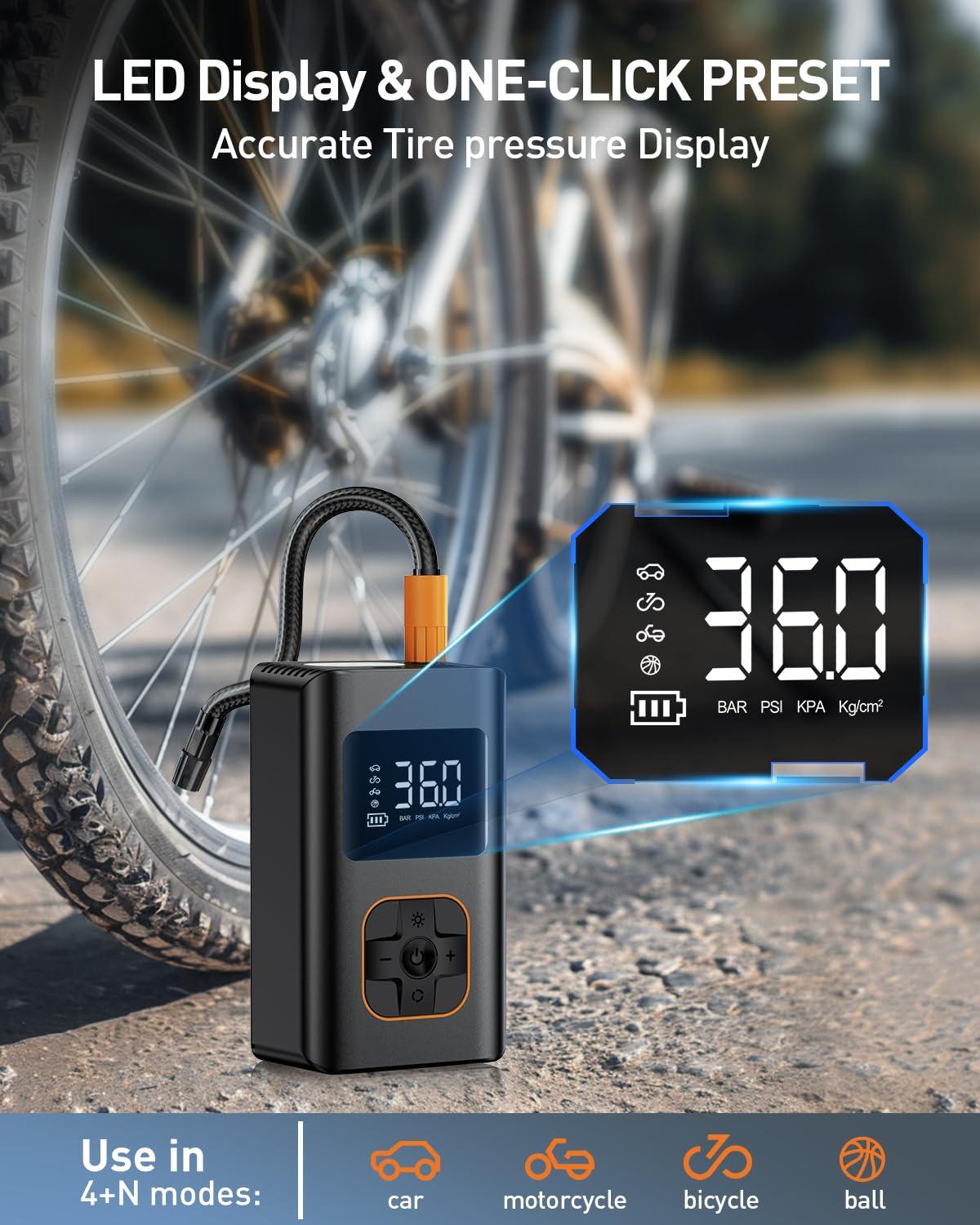 Tire Inflator Portable Air Compressor, 8000mAh Cordless Air Pump for Car Tires, 150 PSI Electric Bike Tire Pump with LED Light and Digital Pressure Gauge for Motorcycle, Auto, Ball, Bicycle - Image 8