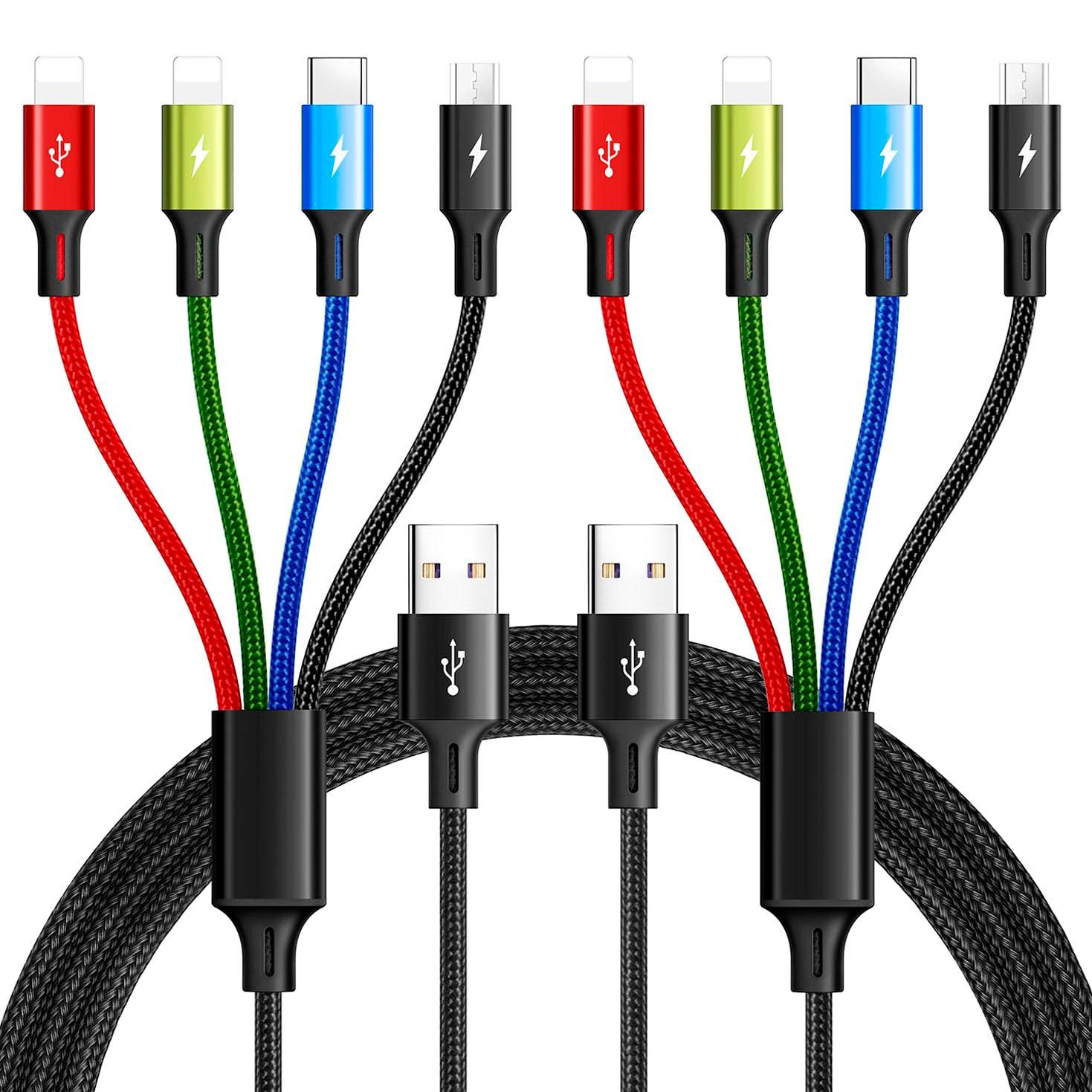 Multi Charging Cable 3.5A Multiple Charger Cable Braided 4 in 1 Multi USB Cable Fast Charging Cord with IP/Type C/Micro Ports for Cell Phones/iPhone Series/Tablets/Samsung Galaxy & More (2Pack 4Ft)