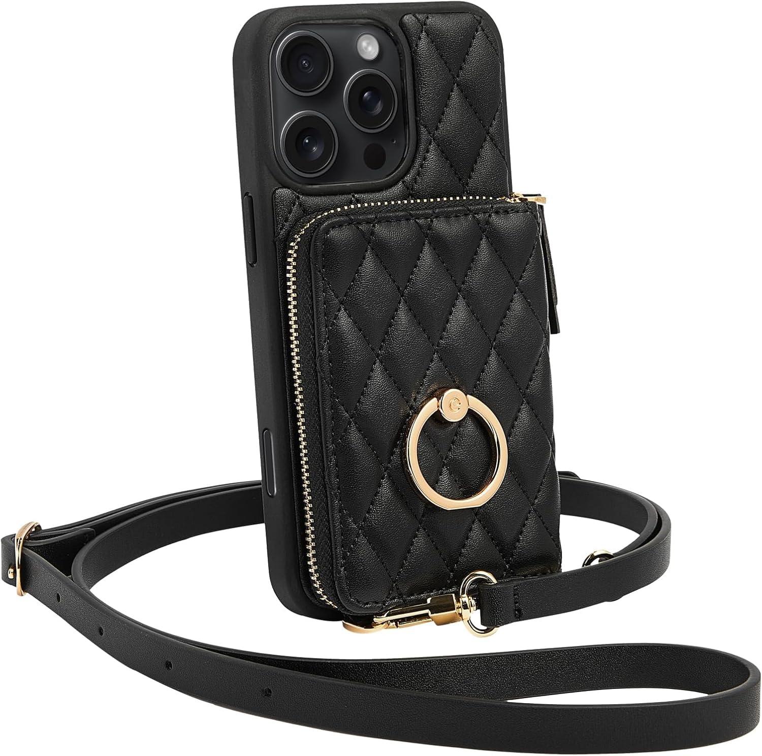 ZVE for iPhone 16 Pro Max Wallet Case for Women, Crossbody Case with Wrist Strap Protective Leather Lanyard with Ring Holder Flip Cover 6.9 Inch - Black