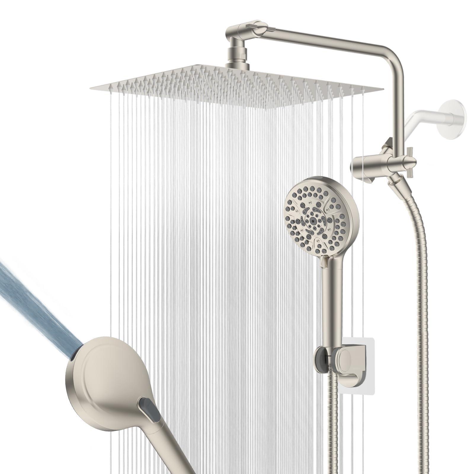 Hygie Rinse 12" All Metal Shower Head, High Pressure 10-Spray Handheld Showerhead Rainfall Shower Head Combo with 11" Adjustable Shower Extension Arm, 71" Hose, Shower Head Holder, Brushed Nickel