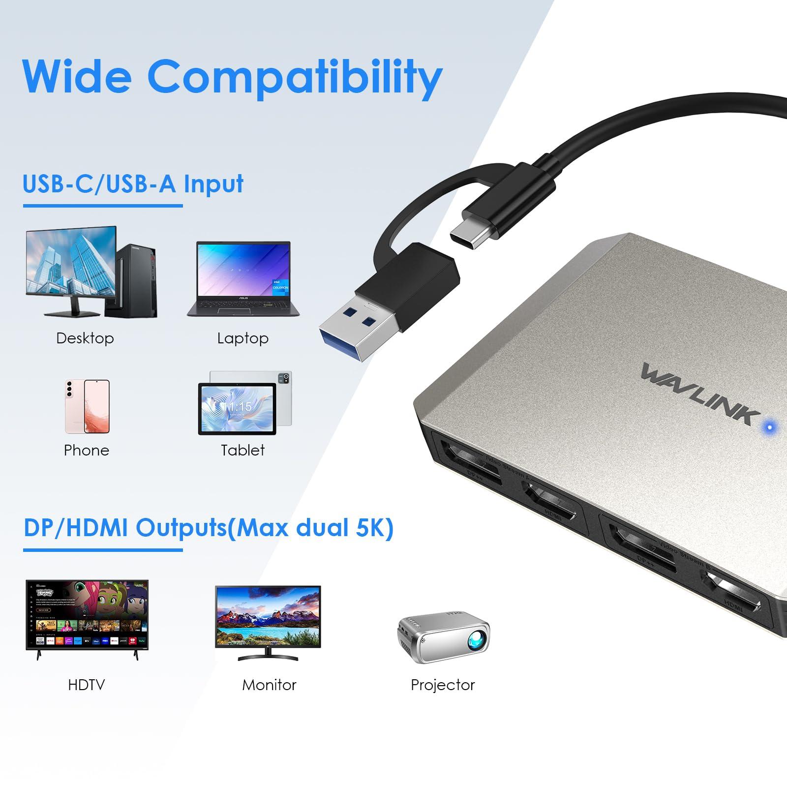 WAVLINK USB C and USB3.0 to Dual 4K DisplayPort & HDMI Adapter, Displaylink Dual 4K@60Hz Monitor Hub, Compatible with M1/M2 MacBook, HP, Dell, Lenovo,Surface-Silver - Image 5