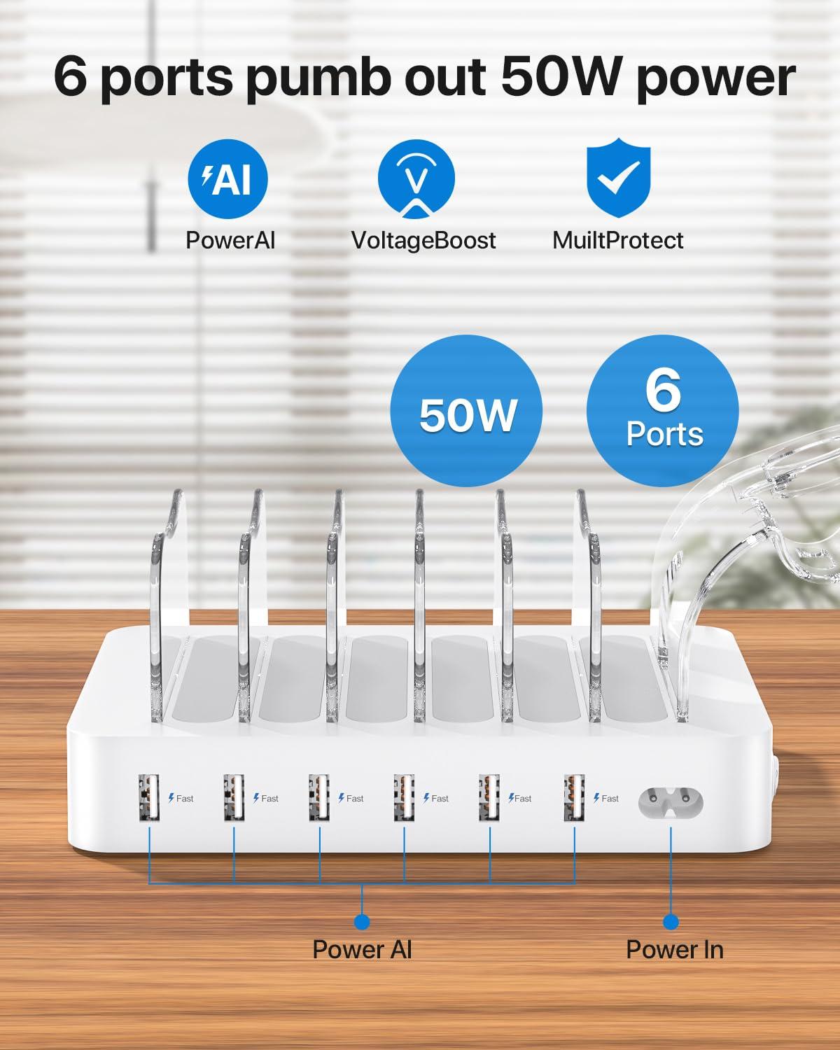 SooPii Premium 6-Port USB Charging Station Organizer for Multiple Devices, 6 Short Charging Cables and One Upgraded i-Watch Charger Holder Included, for Phones, Tablets, and Other Electronics, White - Image 2