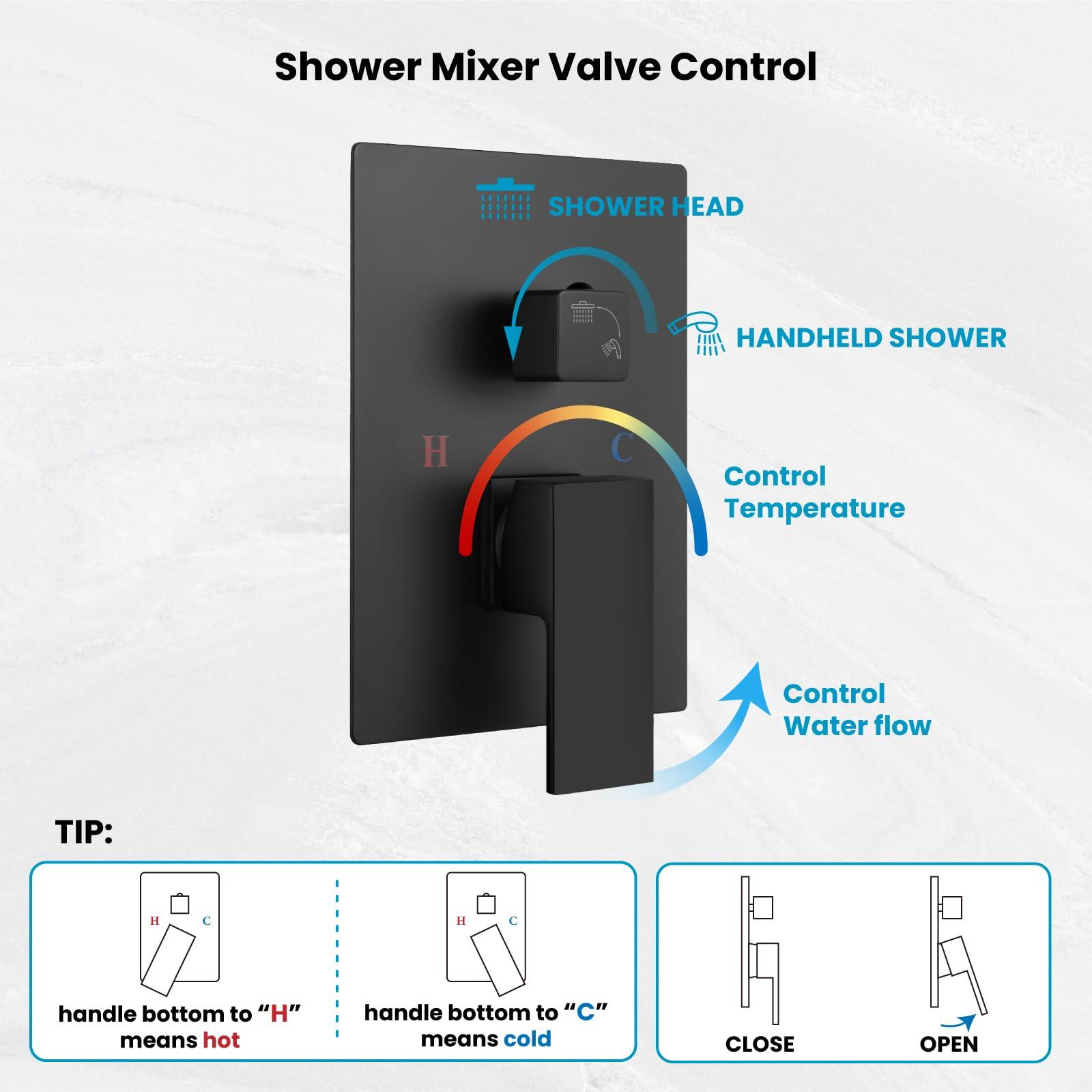gotonovo Rainfall Bathroom Shower System Rain Shower Head and Handle Set Wall Mounted Shower Complete Combo Solid Brass Pressure Balancing Shower Mixer Valve 10 Inch Matte Black - Image 7