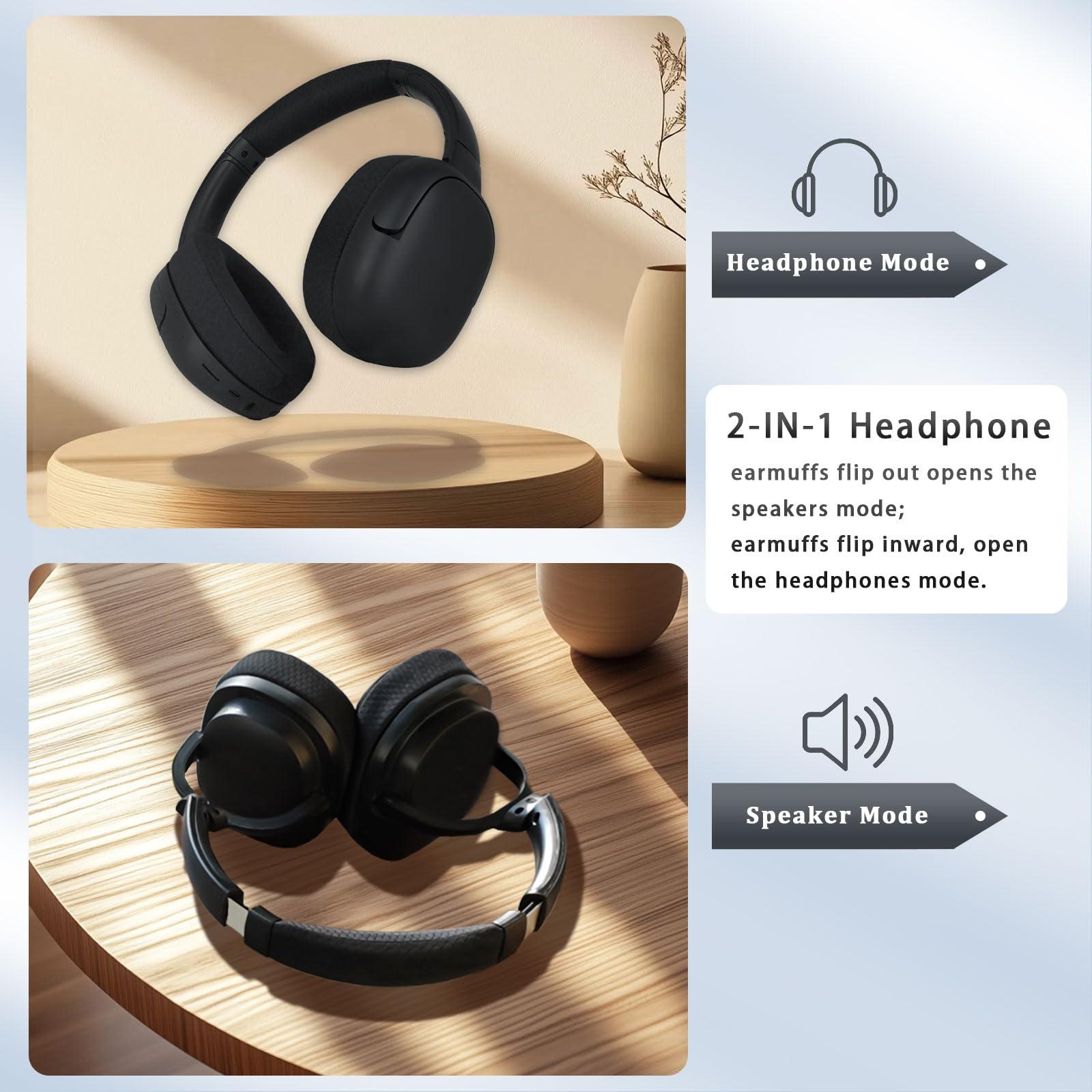 XuanGui 2-in-1 Over Ear Bluetooth Speaker Headphones, 45 Hours Playtime, FM Wireless Headphones with Mic, for Travel Work, HiFi Stereo, Deep Bass, Black - Image 2
