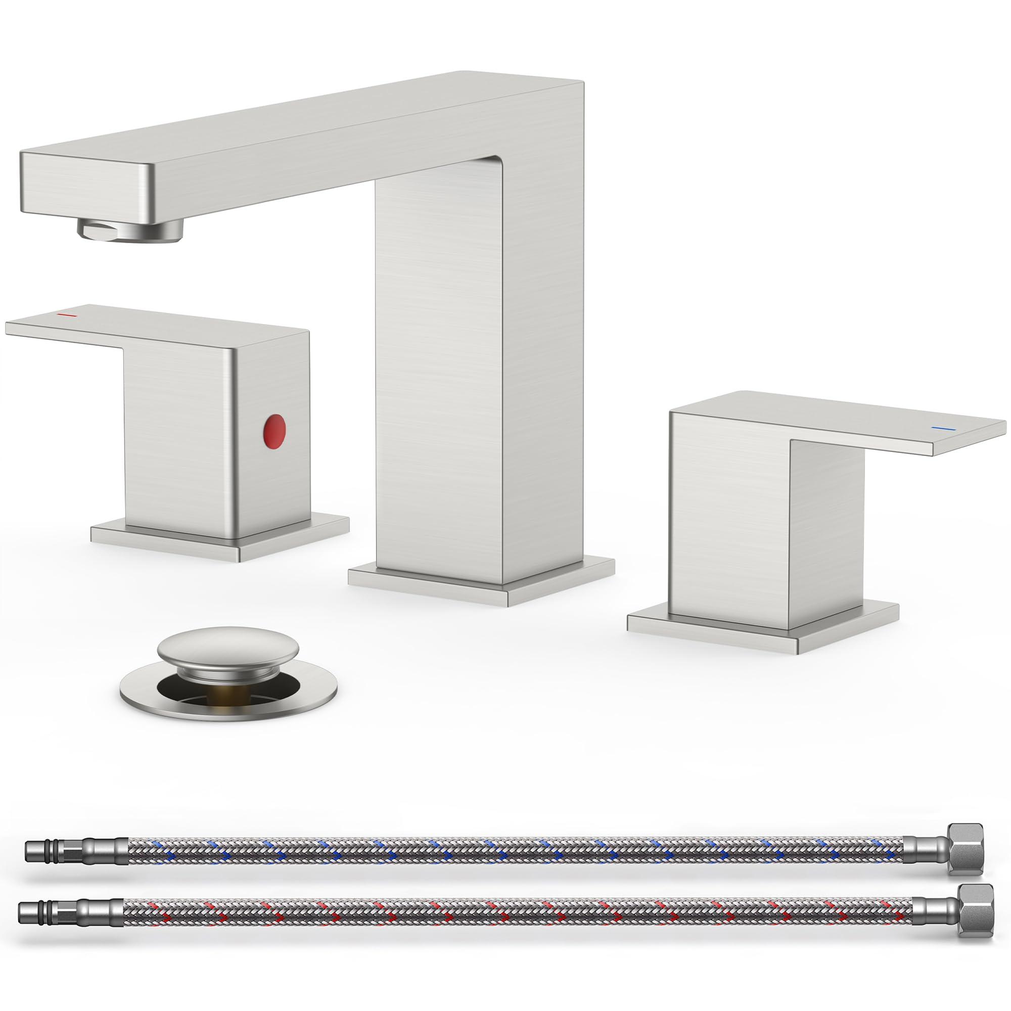 FORIOUS Brushed Nickel Bathroom Faucet for Sink 3 Hole 2 Handle, Stainless Steel Square 8" Widespread Bathroom Vanity Faucets Brushed Nickel 3 Hole with Metal Pop Up Drain, CUPC Water Hoses