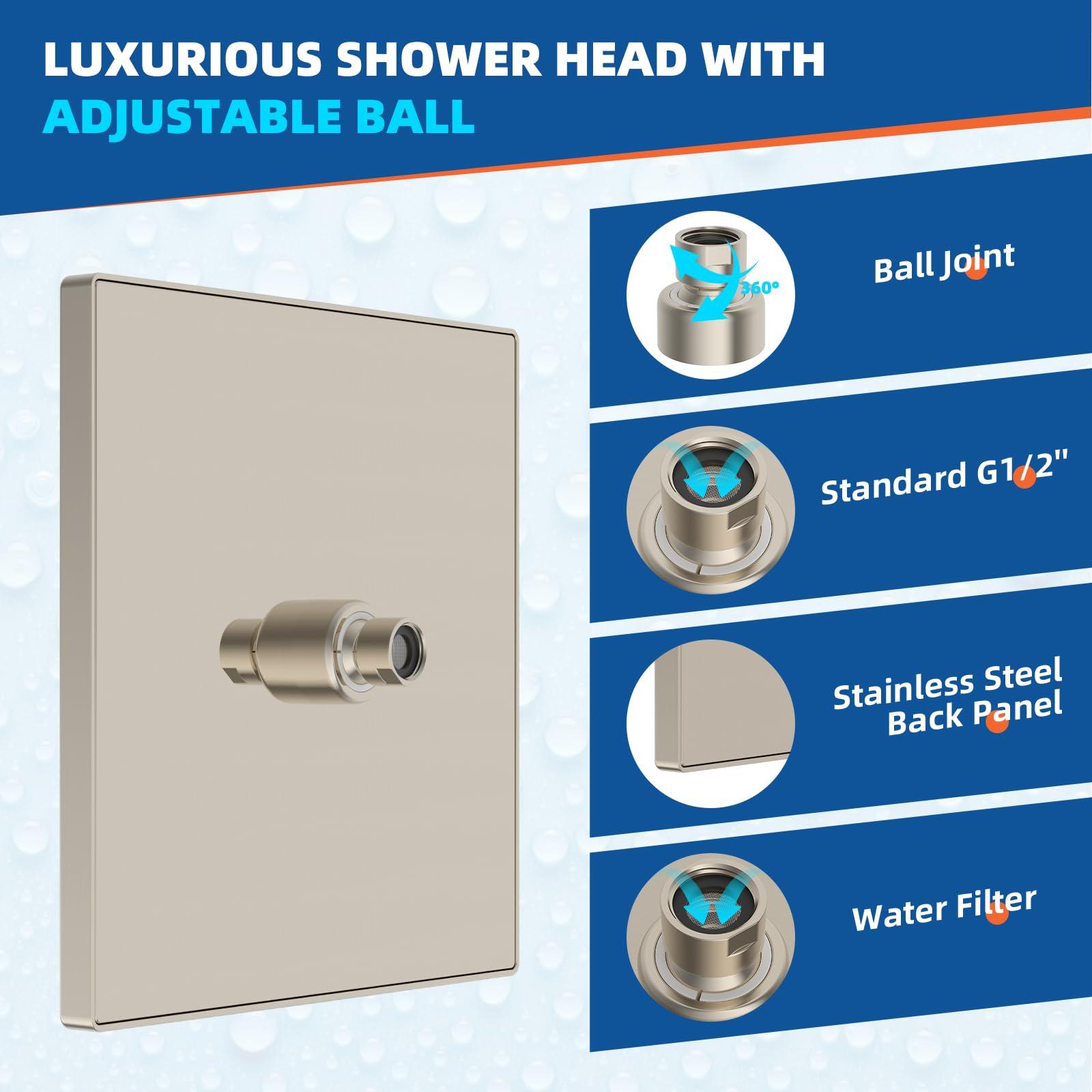 Hibbent Thickness Metal Rain Shower Head, 10'' High Pressure Rainfall Shower Head, Square Bathroom Waterfall Shower Heads, High Flow Fixed Showerheads with Adjustable Brass Ball Joint, Brushed Nickel - Image 6