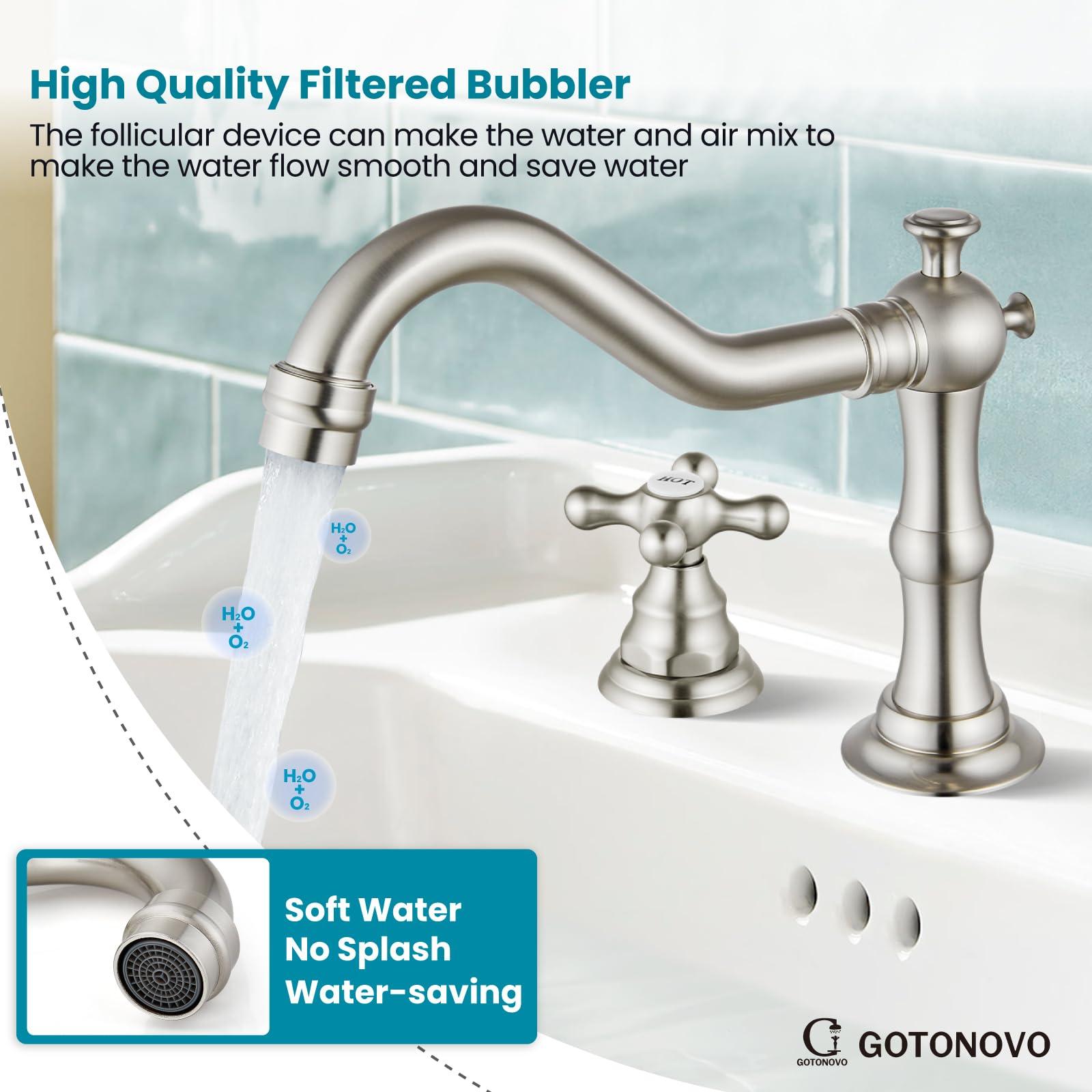 gotonovo Bathroom Sink Faucet Widespread Brushed Nickel Double Mixing Tap Deck Mount Cross Knobs 3 Hole with Pop Up Drain - Image 6