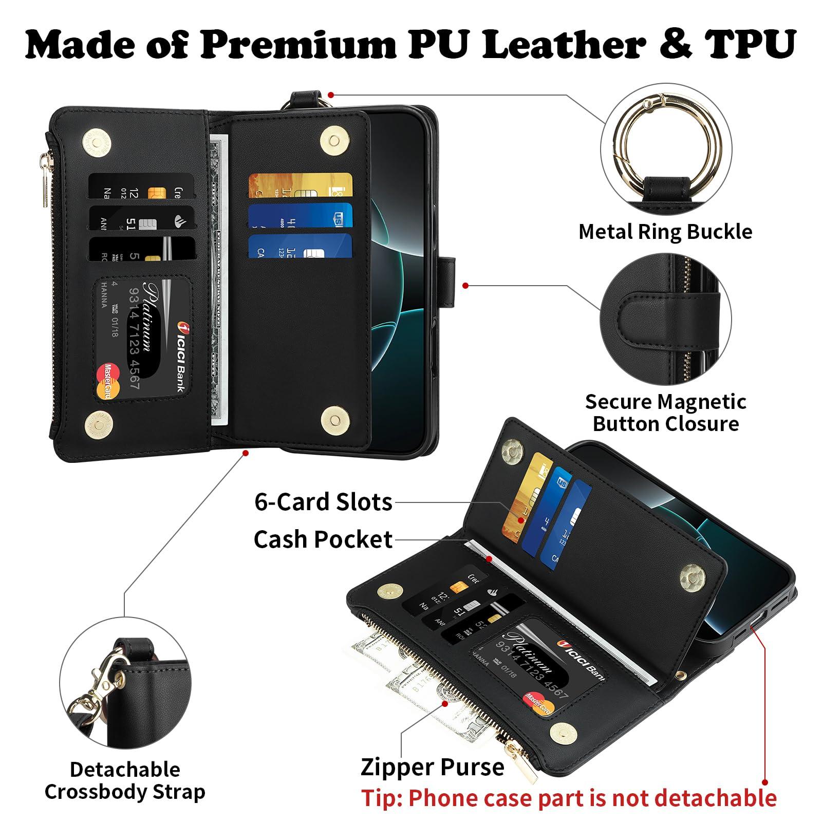 Vofolen for iPhone 16 Pro Max Case with Card Holder Crossbody Strap Leather Flip Case with Magnetic Clasp Kickstand Zipper Pocket Metal Ring Heavy Duty Protective Wallet Phone Case for Women, Black - Image 2