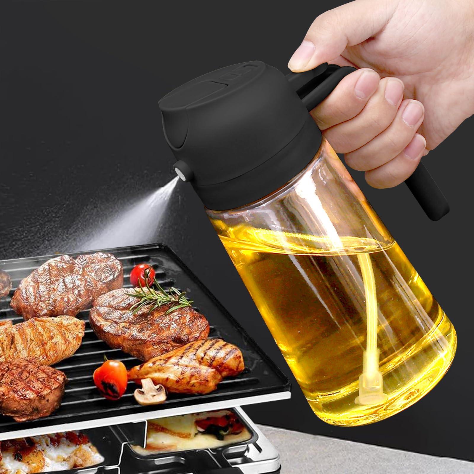 2 in 1 Oil Dispenser and Oil Sprayer, 470ml Dispenser Bottle Spray and Pour, Glass Olive Oil Sprayer for Cooking, Food-Grade Oil Spray Bottle Mister Spritzer for BBQ, Air Fryer, Kitchen (Black) - Image 2