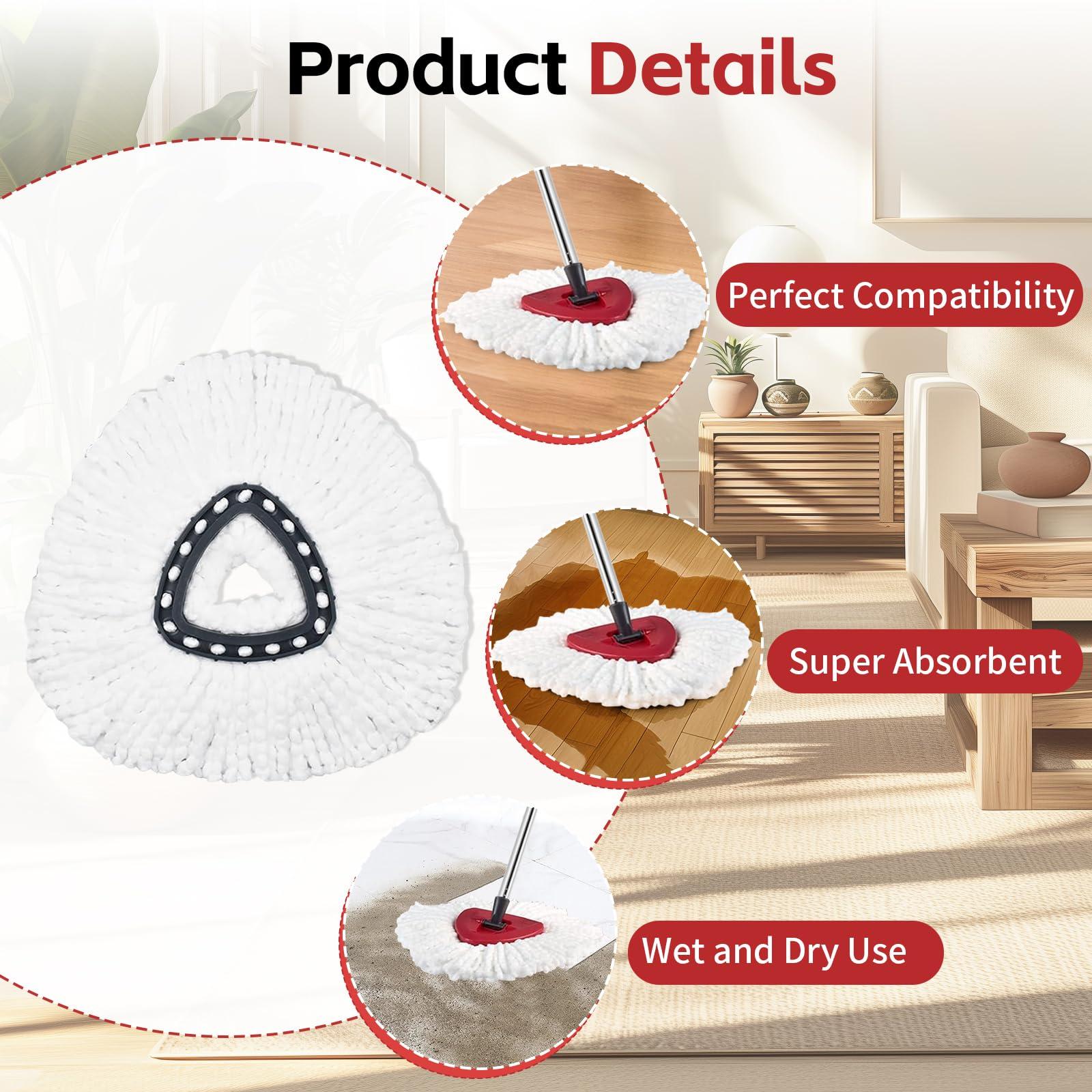 ANREKEYH Spin Mop Head, Base, Handle Replacement for O-Ceda EasyWring Microfiber Spin Mop, 2 Microfiber Mop Refills, 1 Triangle Mops Head Cover and 30-58in Mop Handle Set Combo (White(1 Tank System)) - Image 6