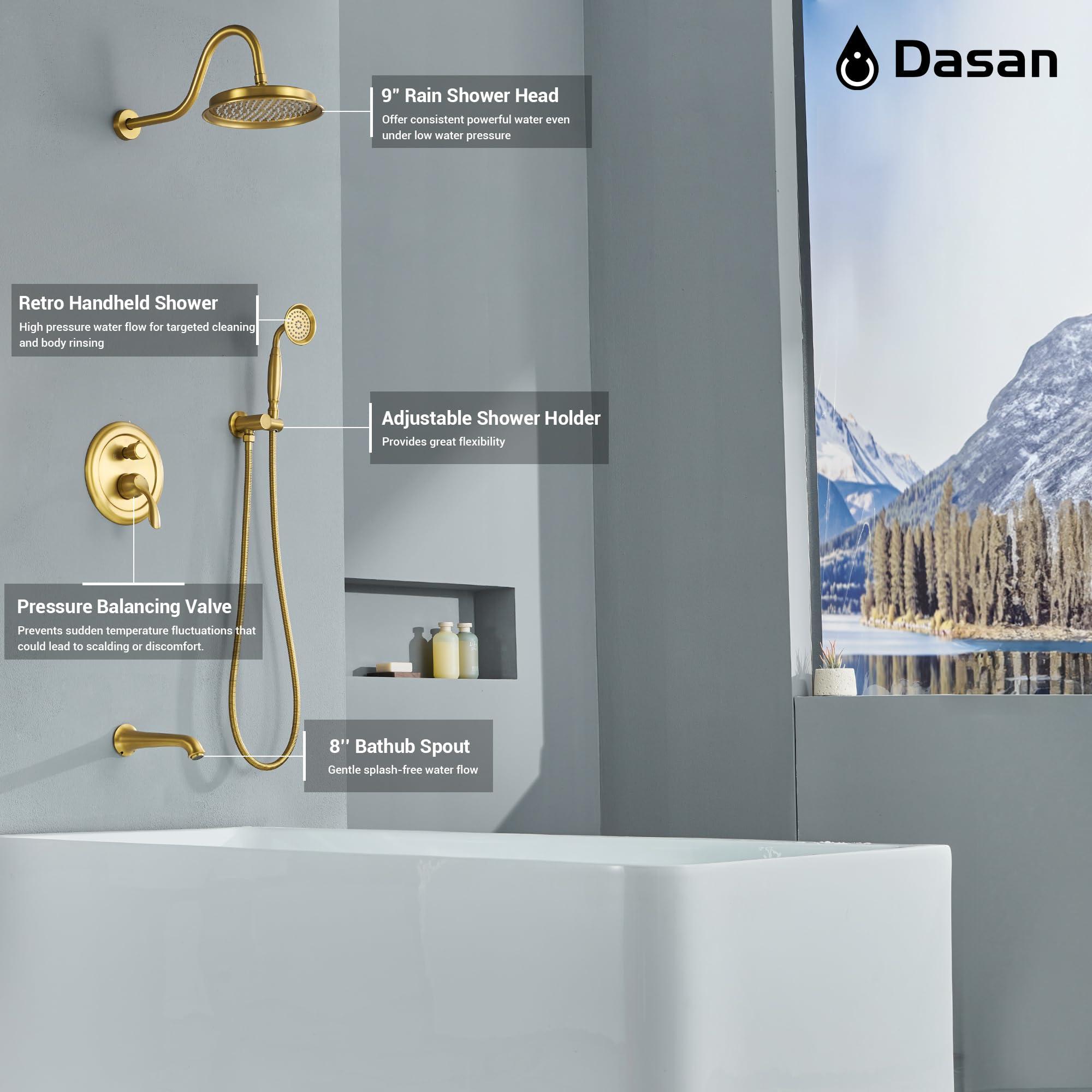 DASAN Brushed Gold Shower System with Tub Spout, Tub and Shower Faucet Combo Set with Valve & Trim Kit Bathtub Shower Faucet Set Bathtub Shower System with Rainfall Shower Head & Handheld, AT309W-BTG - Image 2