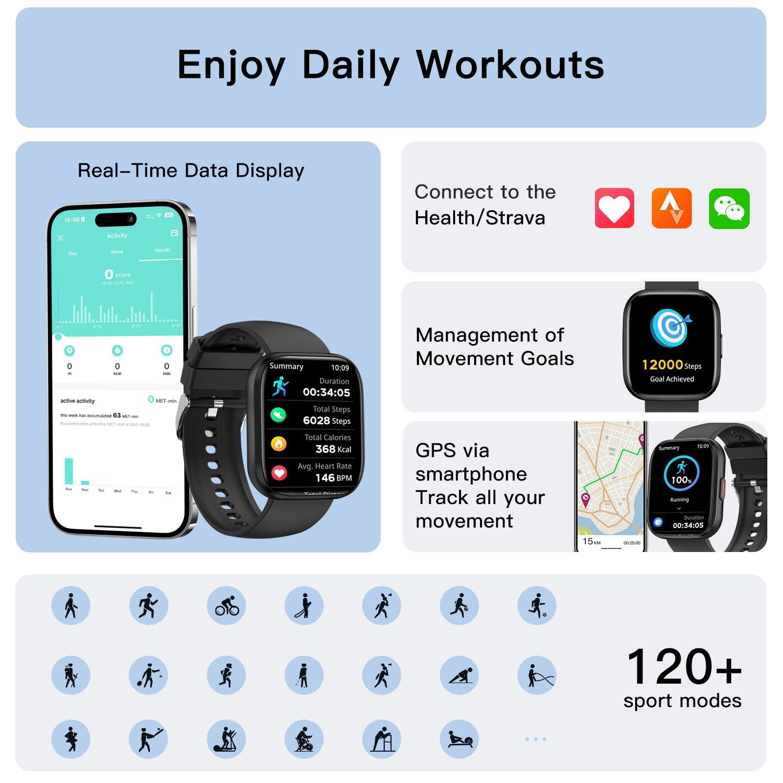 Smart Watches for Men Women Answer/Make Call, 1.85" Fitness Watch with 120+ Sports Modes, Heart Rate/Blood Oxygen/Activity Tracker, Pedometer, IP68 Smartwatch for iOS Android Samsung (Black, 1.85”) - Image 3
