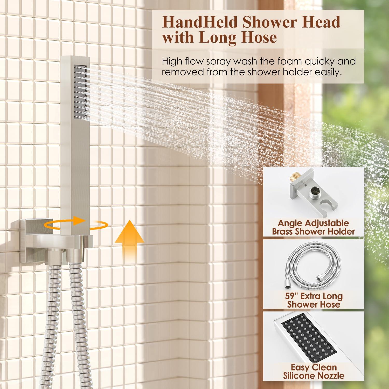 Kurpot Shower System, 12 Inch Bathroom Shower Faucet Set, Brushed Nickel Shower Head and Handle Set, Shower Faucet with Valve and Shower Trim Kit, High Pressure Rain Shower Head Set, Wall Mounted - Image 5