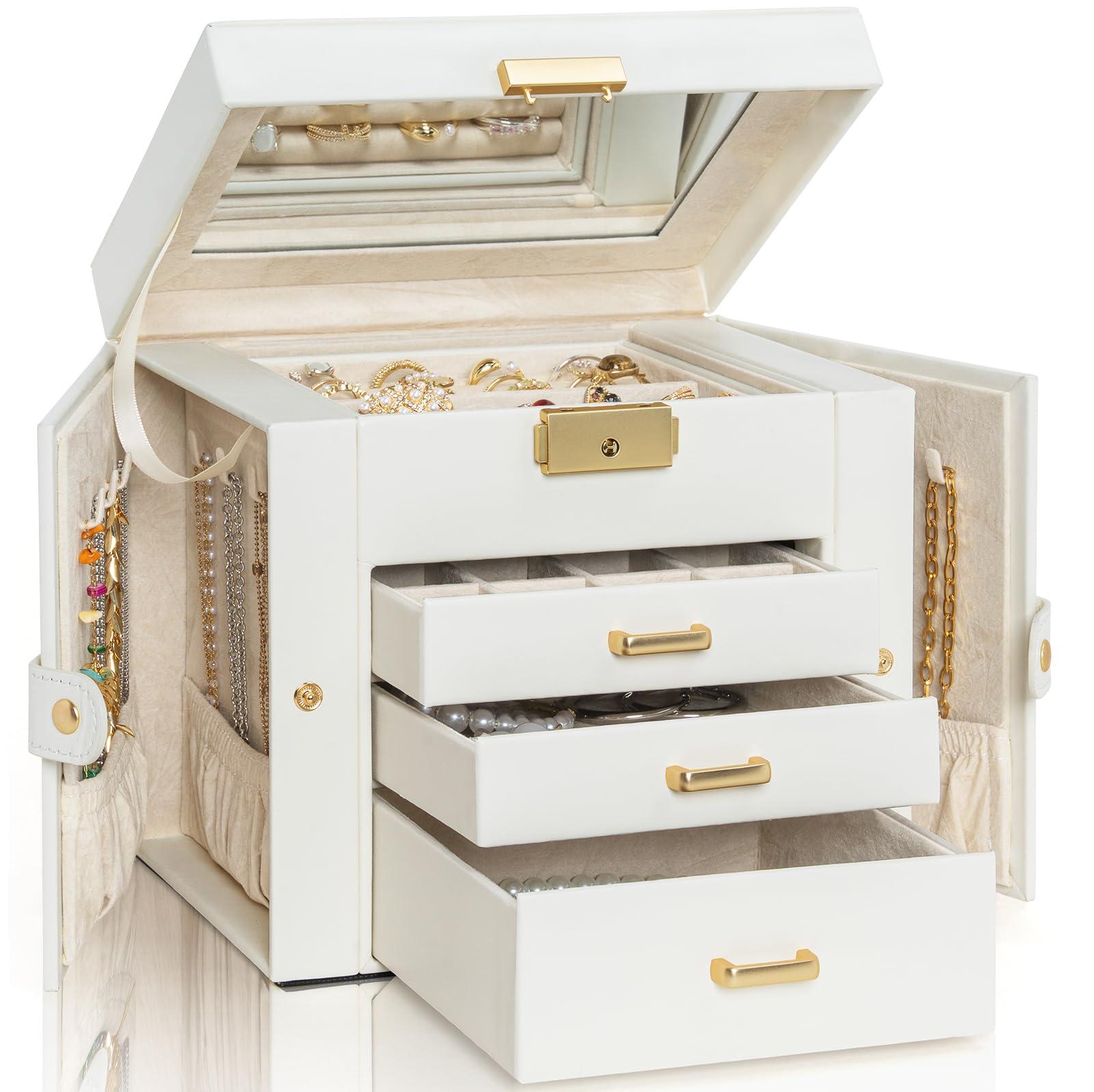 AKOZLIN 4-Tier Jewelry Box Leather Jewelry Storage Organizer with 3 Drawers Lockable for Women Girls Ring Necklace Earring Bracelet Holder with Mirror White