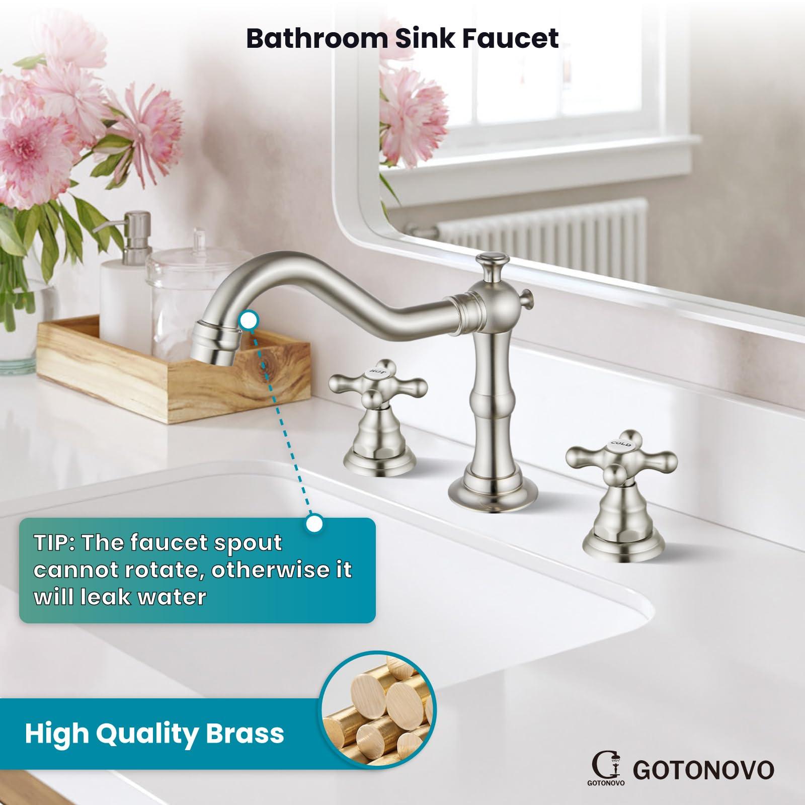 gotonovo Bathroom Sink Faucet Widespread Brushed Nickel Double Mixing Tap Deck Mount Cross Knobs 3 Hole with Pop Up Drain - Image 2