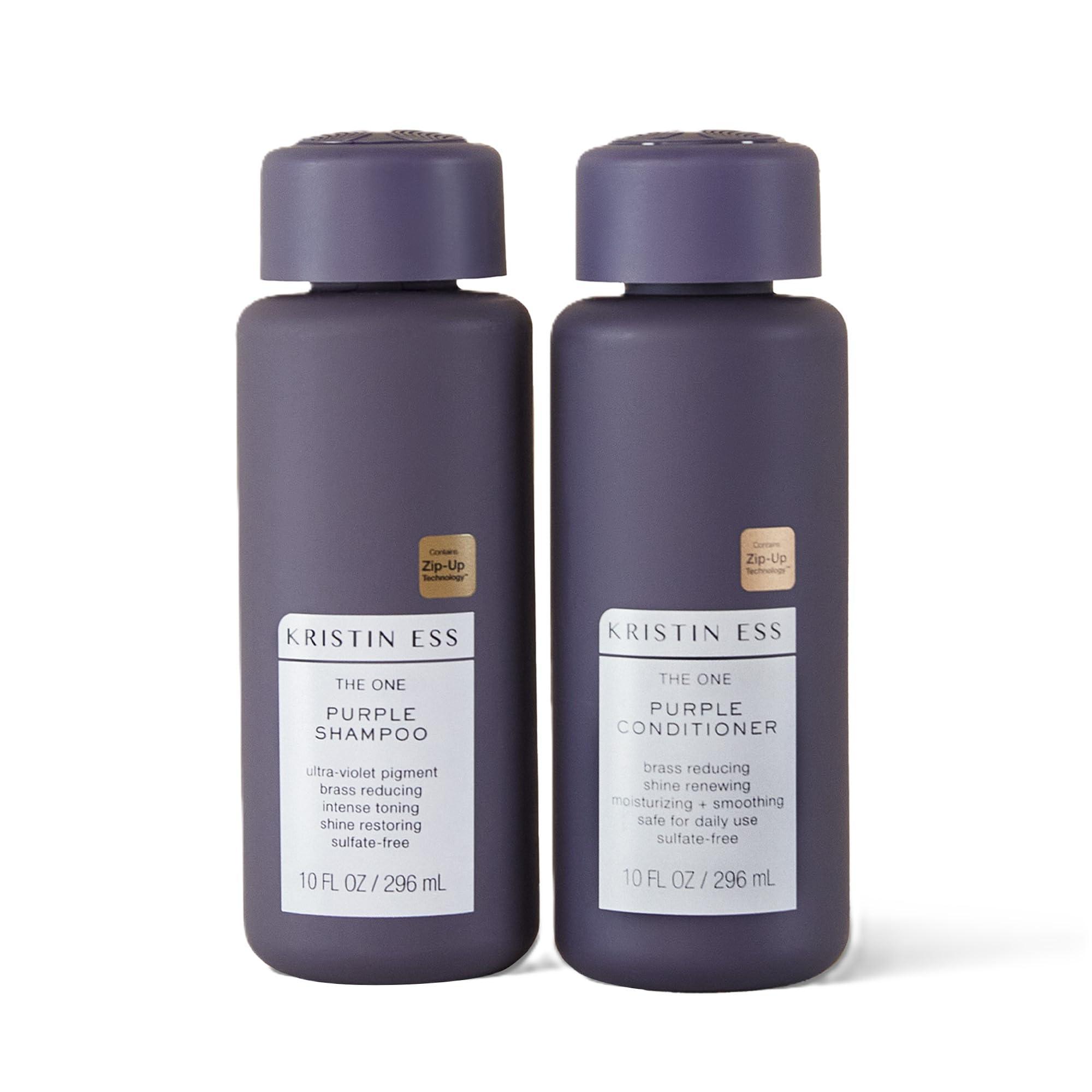 Kristin Ess Hair Purple Shampoo and Conditioner Set for Blonde, Brunette, Silver + Gray Hair, Anti Brass + Yellow Tones, Safe for Color Treated Hair, Sulfate Free Toning Shampoo Conditioner