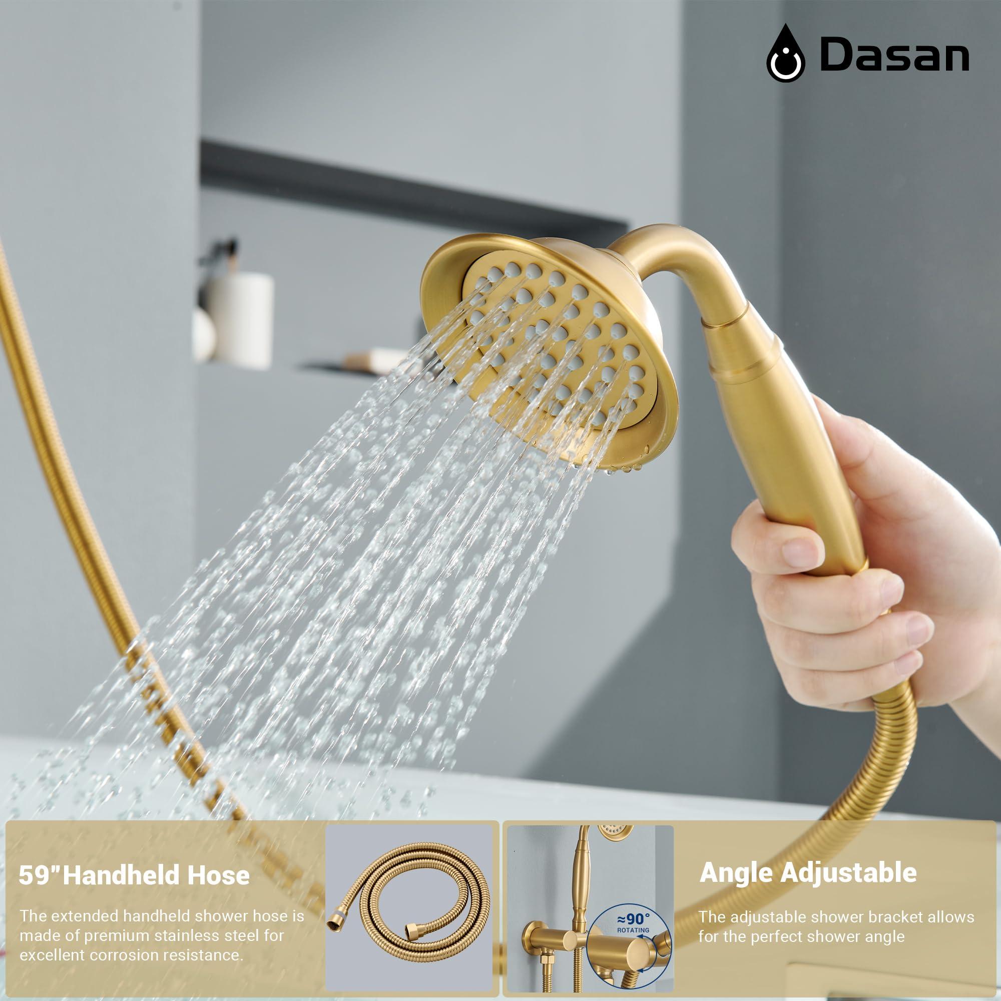 DASAN Brushed Gold Shower System with Tub Spout, Tub and Shower Faucet Combo Set with Valve & Trim Kit Bathtub Shower Faucet Set Bathtub Shower System with Rainfall Shower Head & Handheld, AT309W-BTG - Image 5