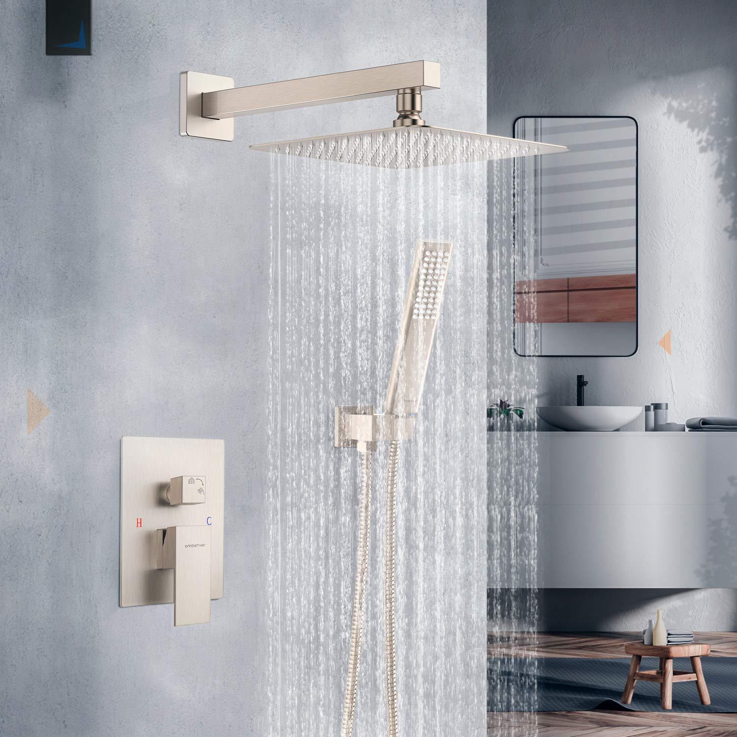 Rain Shower System Sets Faucet: EMBATHER 10 Inch Overhead Rainhead Shower Combo Set With Handheld And Valve-Luxury Modern Mixer Rainfall Brushed Nickel Shower Faucets Sets Complete - Image 2