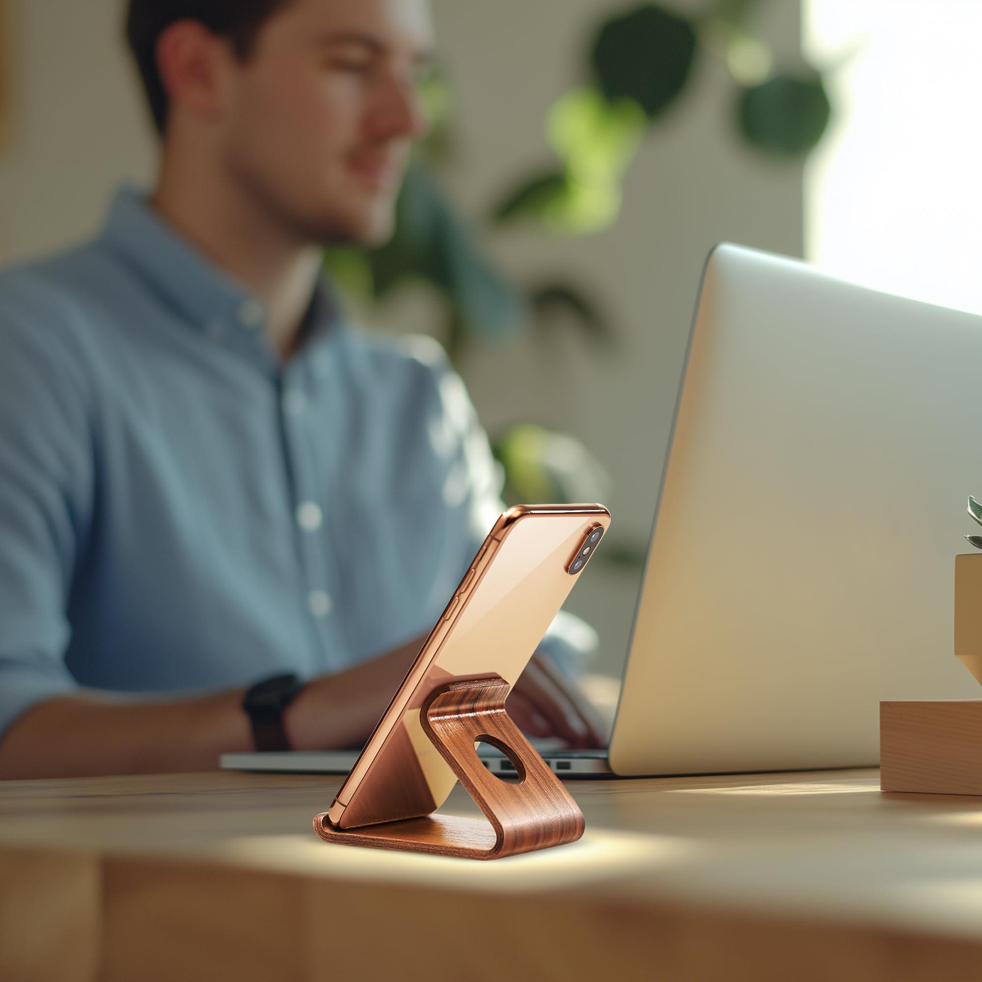 ZJL Cell Phone Stand for Desk - Portable Wood Phone Holder for Bed Compatible with iPhone 16 15 14 13 Pro Max 12 11 iPad Mini, Smartphone, Wooden Office Aesthetic Desk Accessories - Image 5