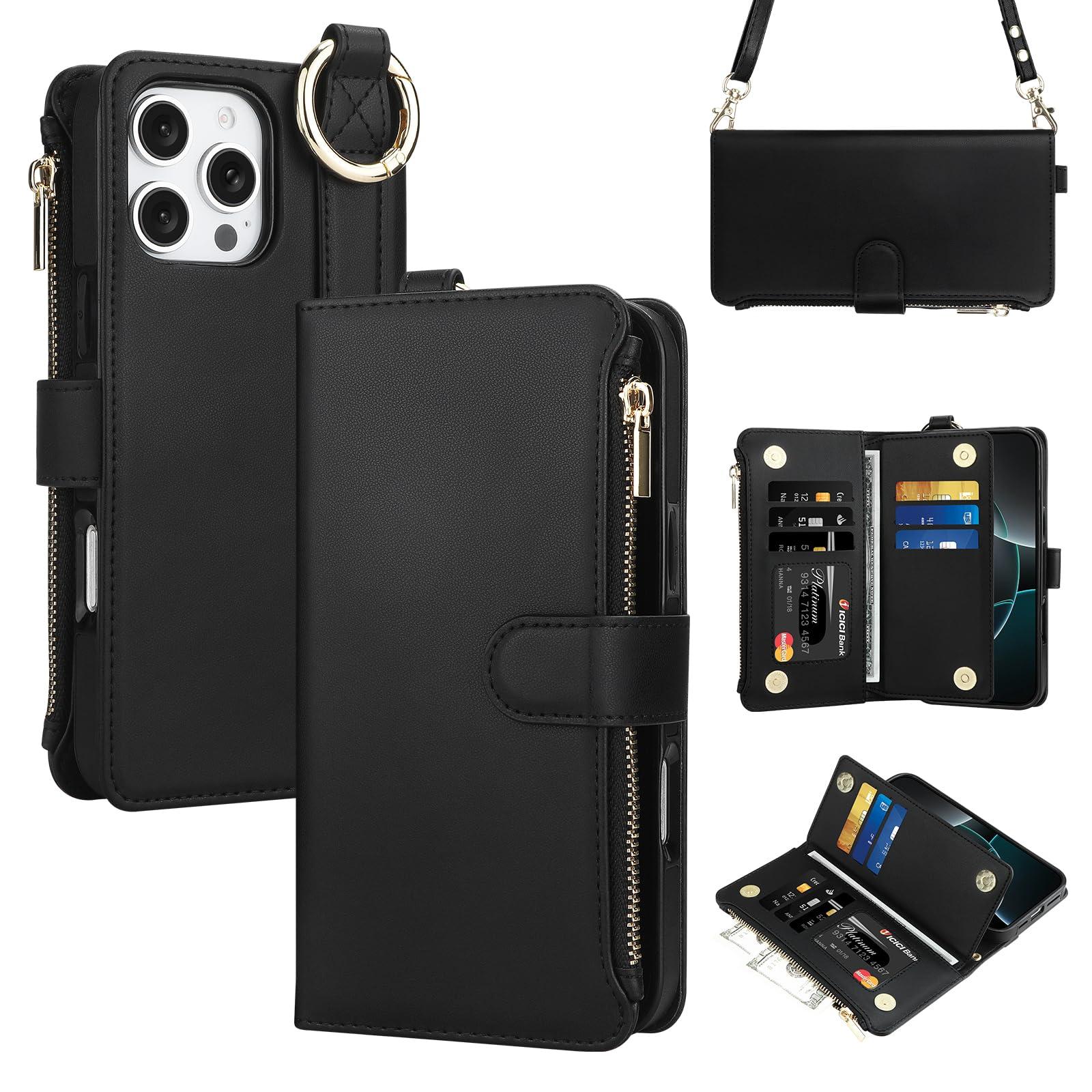 Vofolen for iPhone 16 Pro Max Case with Card Holder Crossbody Strap Leather Flip Case with Magnetic Clasp Kickstand Zipper Pocket Metal Ring Heavy Duty Protective Wallet Phone Case for Women, Black