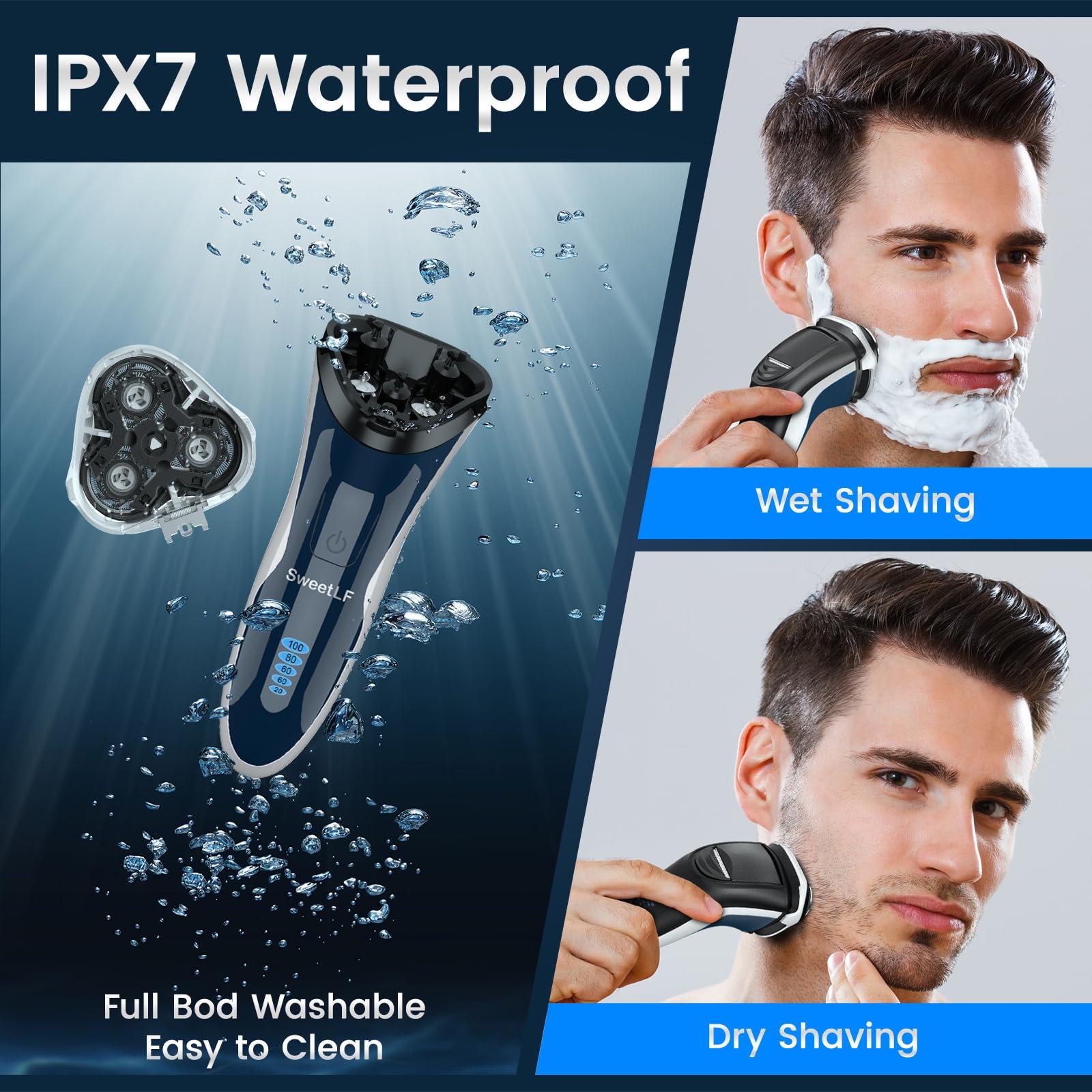 Electric Razor for Men, SweetLF 100% Waterproof Electric Shaver, Type C Rechargeable, Wet & Dry Rotary Shavers for Men with Pop up Trimmer, Corded and Cordless, Navy Blue - Image 5