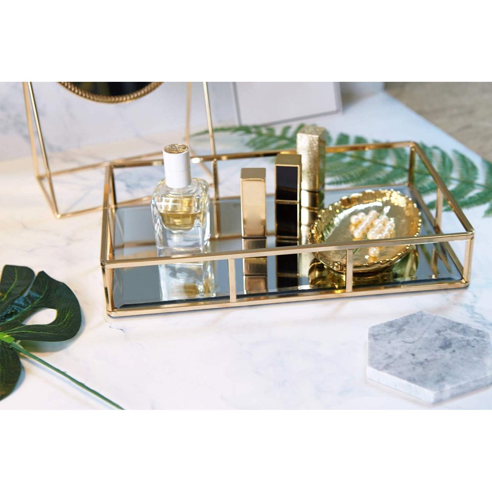 PuTwo Tray Mirror, Gold Dresser Ornate Tray Metal Decorative Tray Jewelry Perfume Organizer Makeup Tray for Vanity, Dresser, Bathroom, Bedroom - Image 2