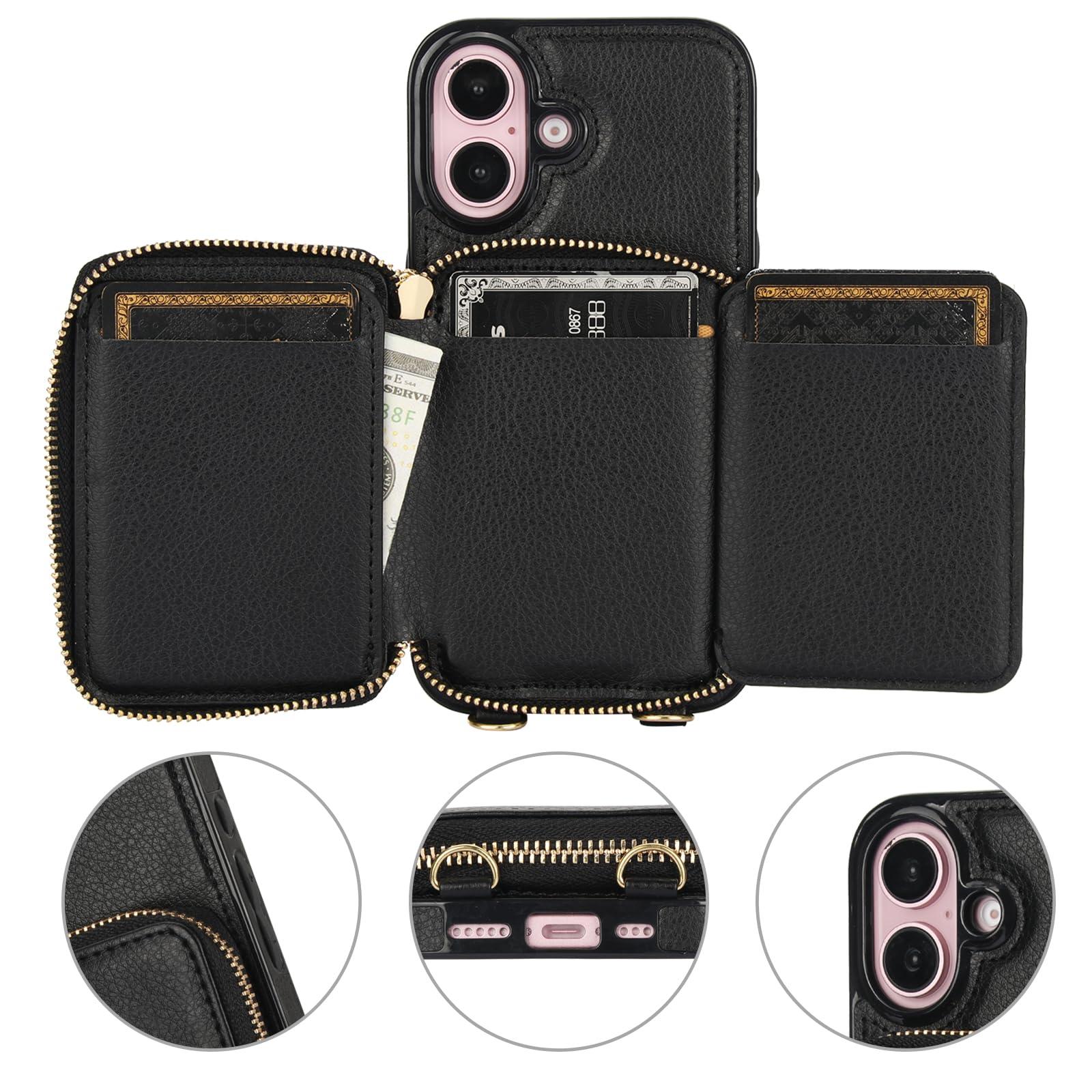 Bocasal RFID Blocking Wallet Case for iPhone 16, Adjustable Crossbody Zipper Purse Case Card Holder with Kickstand Detachable Wrist Strap, PU Leather Flip Folio Case 6.1 Inch 5G (Black) - Image 7