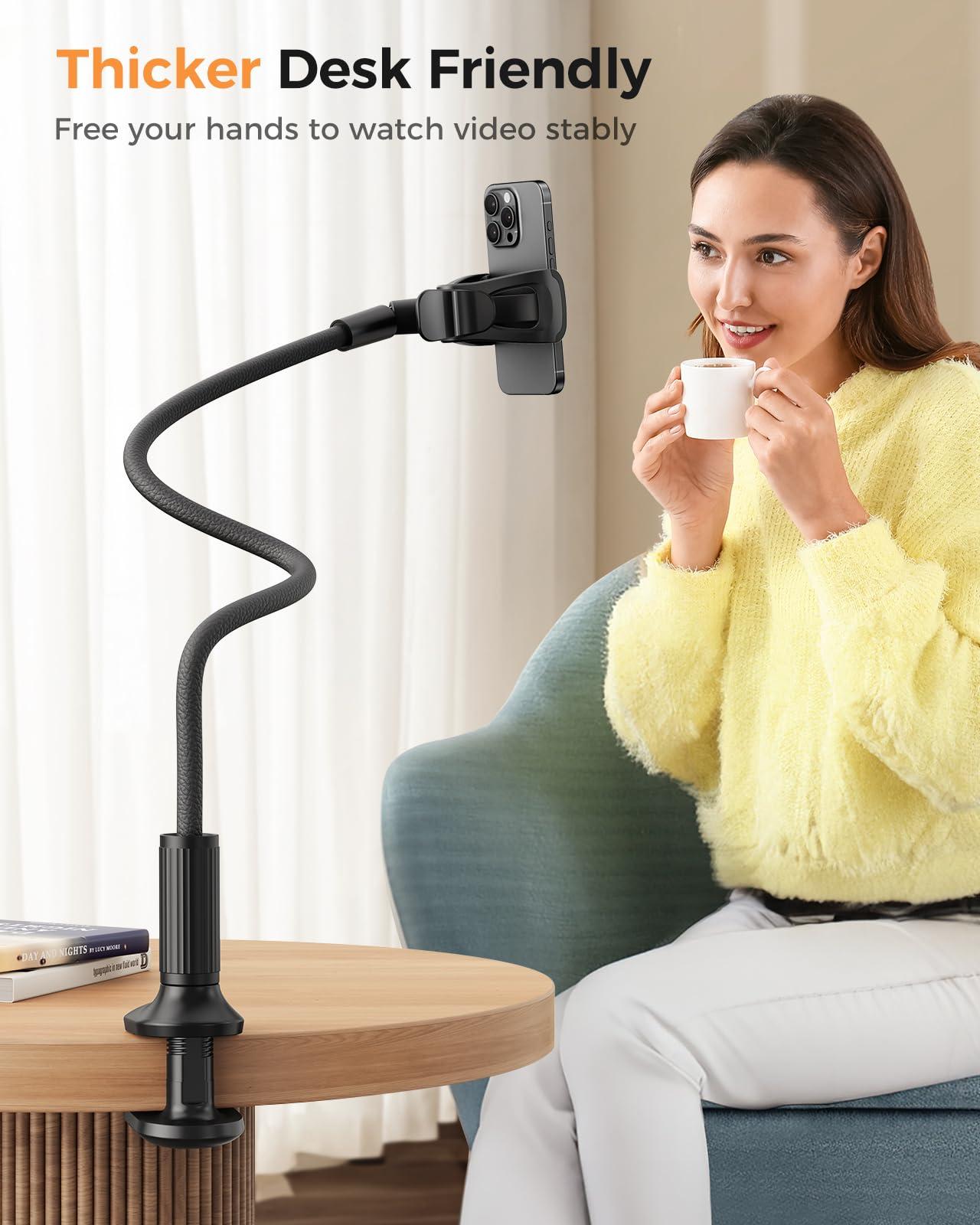 SAIJI Gooseneck Phone Holder for Bed Overall Length 38.6” Flexible Leather Wrapped Arm Overhead Cell Phone Mount Stand with 360° Adjustable Clamp Clip, Compatible with All 4-7” Cellphones (Black) - Image 6