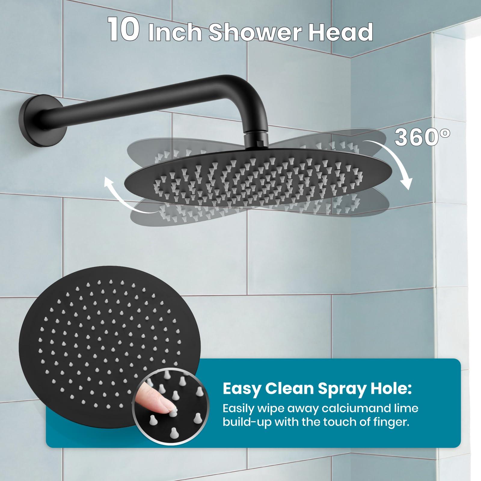 gotonovo Shower System 10 Inch Round Rainfall Showerhead Wall Mounted High Pressure Shower Faucet Set Fixture Combo with Rough in Valve and Cylindrical Handheld Spray, Matte Black - Image 6