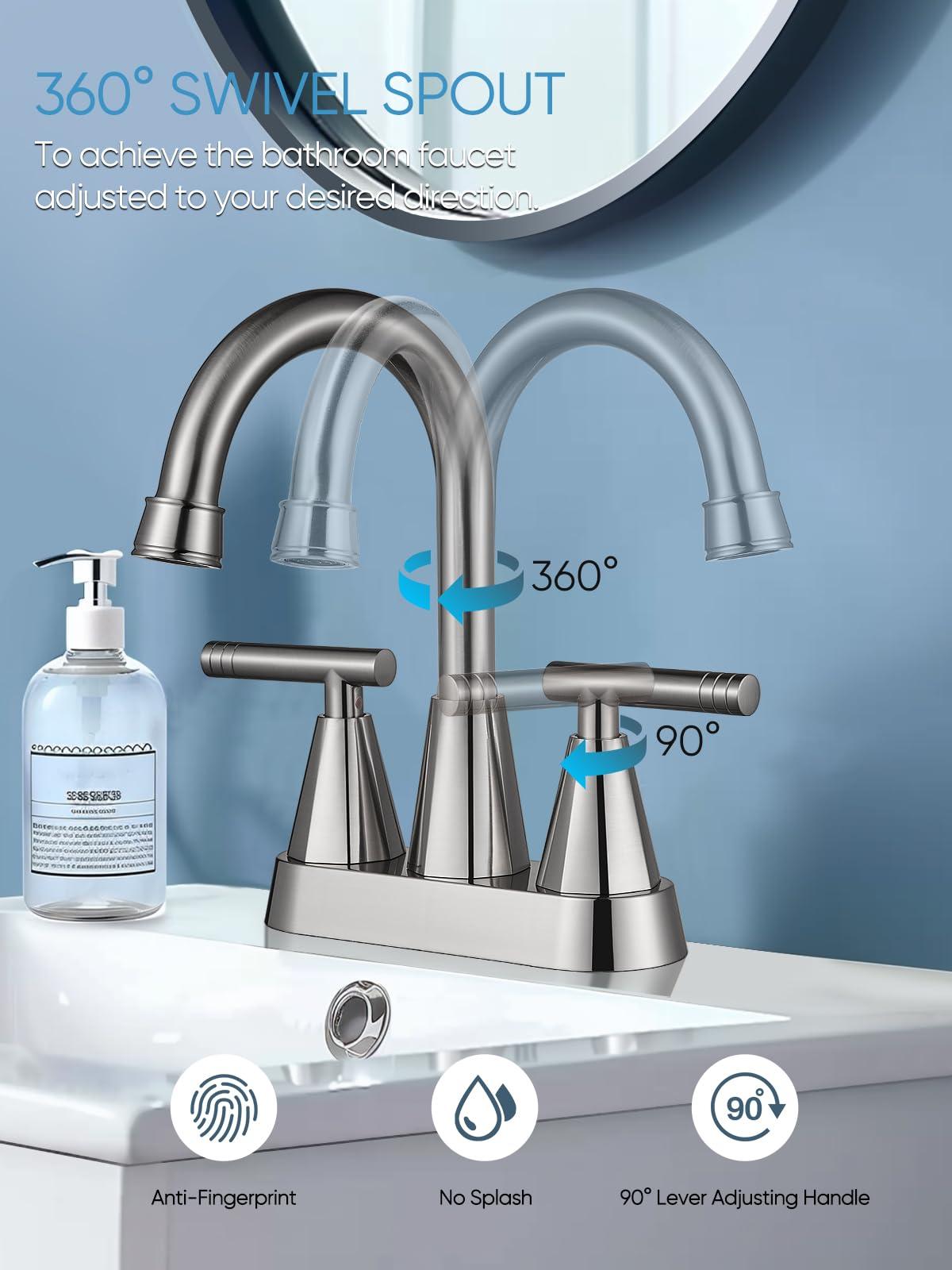 Cobbe 4 inch Brushed Nickel Bathroom Faucets with Pop up Drain and Two Supply Hoses, Lead-Free Stainless Steel 2 Handle Centerset Faucet for Vanity, RV - Image 7