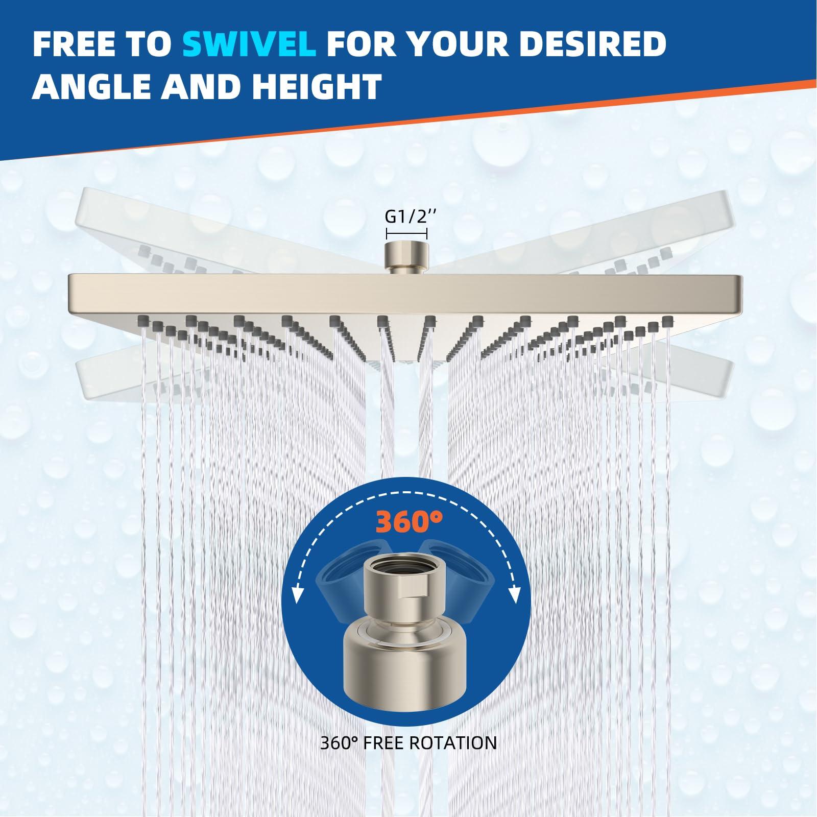 Hibbent Thickness Metal Rain Shower Head, 10'' High Pressure Rainfall Shower Head, Square Bathroom Waterfall Shower Heads, High Flow Fixed Showerheads with Adjustable Brass Ball Joint, Brushed Nickel - Image 7