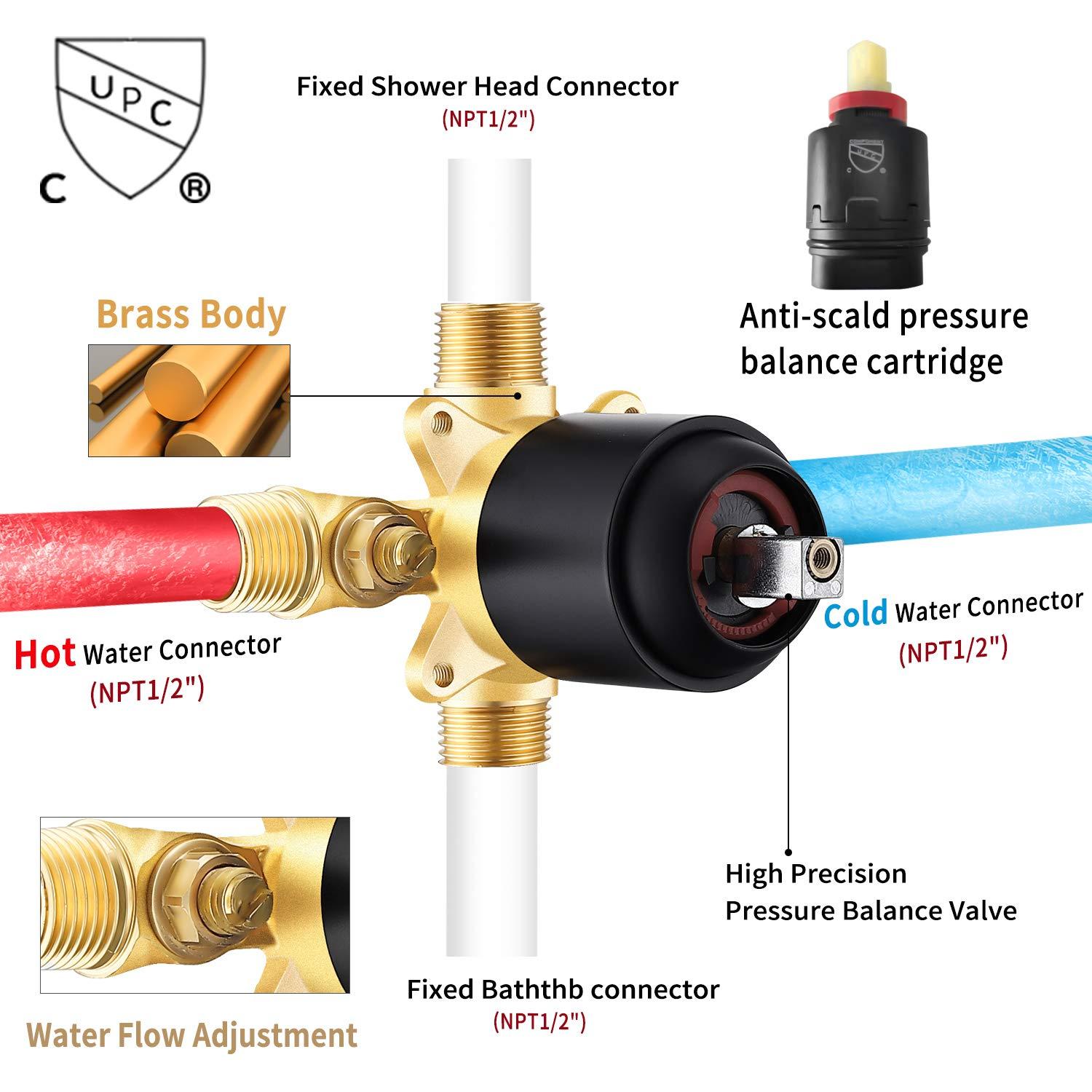 Esnbia Tub Shower Faucet Set (Valve Included) with 6-Inch Rain Shower Head and Tub Spout, Black Shower Head and Handle Set，Single-Handle Tub and Shower Trim Kit, Matte Black - Image 5