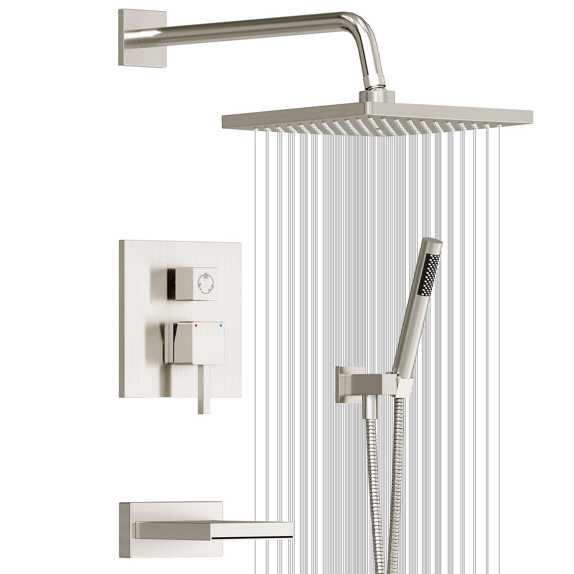 Esnbia Shower System with Tub Spout, Wall Mounted Bathtub Shower Faucet Set, 10 Inch Rain Shower Head and Handheld Shower Head Set, High Pressure Tub Shower Kit with Shower Valve, Brushed Nickel