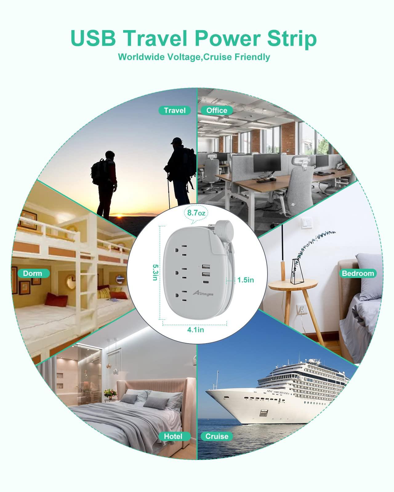 Alitayee USB C Portable Travel Power Strip with 3 Outlets 3 USB Ports Fast Charge, USB Extendable Outlet Extender with Flat Plug and 3ft Wrapped Around Extension Cord for Cruise Travel Home Office - Image 7