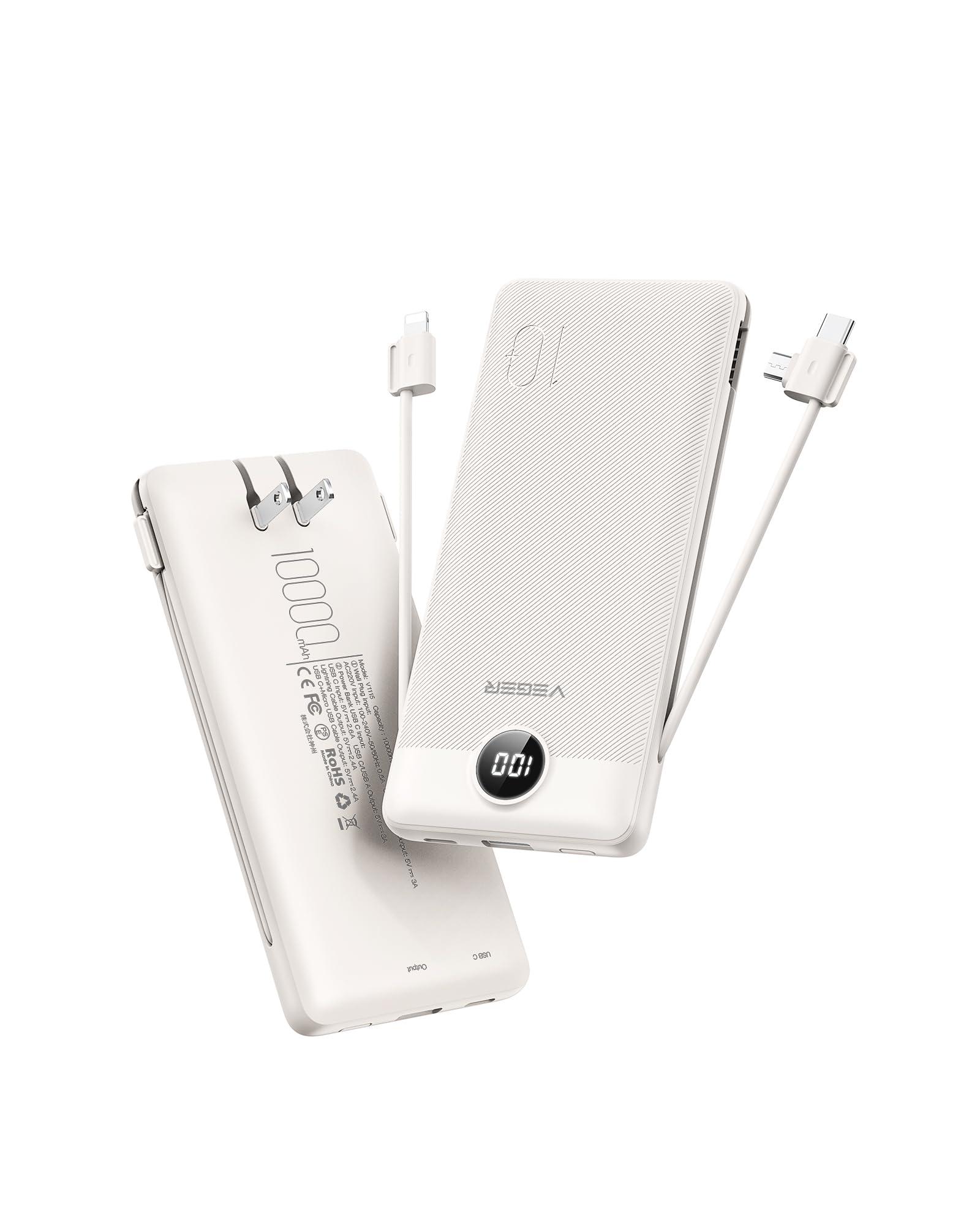 VEGER Portable Charger for iPhone with Built in Cables and Wall Plug, 10000mah Slim Fast Charging USB C Power Bank, Travel Essential Battery Pack Compatible with iPhone, iPad, Samsung etc(Coffee)