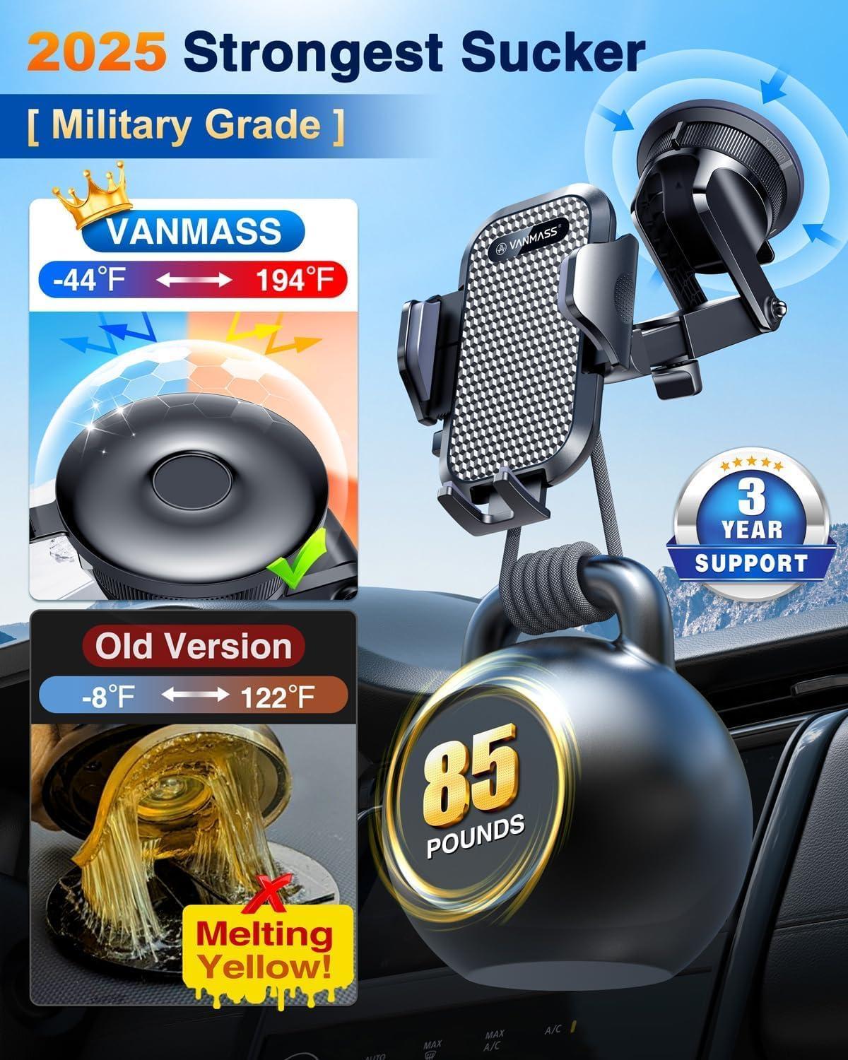 [2025 True Military-Grade] Car Phone Holder VANMASS [Upgraded Strongest Suction & Clip] Cell Phone Mount for Dashboard Windshield Vent,Truck Cradle Stand for iPhone 16 Pro Max 15 14 13 Samsung Android - Image 7