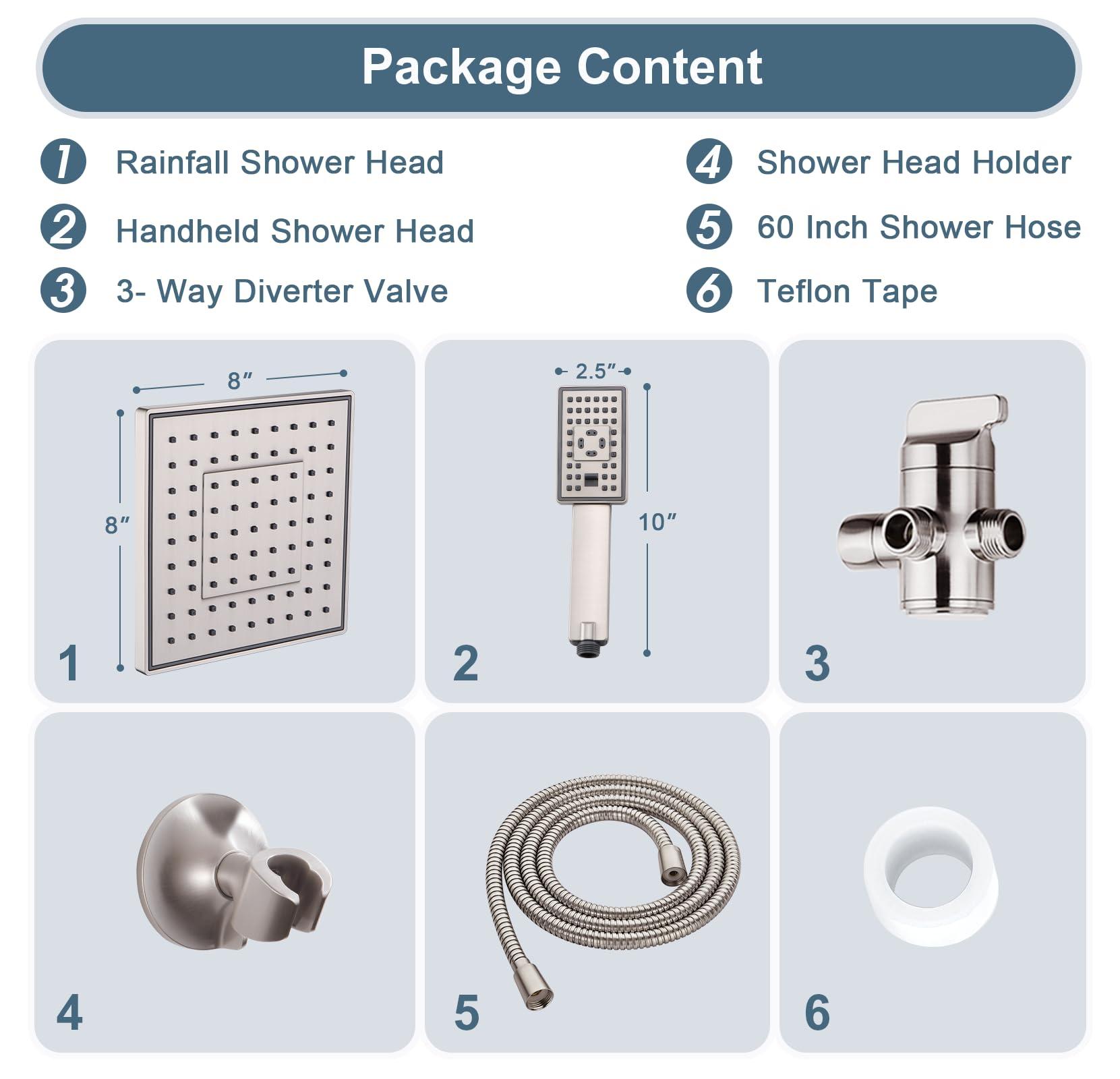 BRIGHT SHOWERS Rain Shower Head with Handheld Spray, 8 Inch Rainfall Shower Head Combo with 60" Hose, Adjustable Dual Square Showerhead Set with 3-Way Diverter, Wall Bracket, Brushed Nickel - Image 7