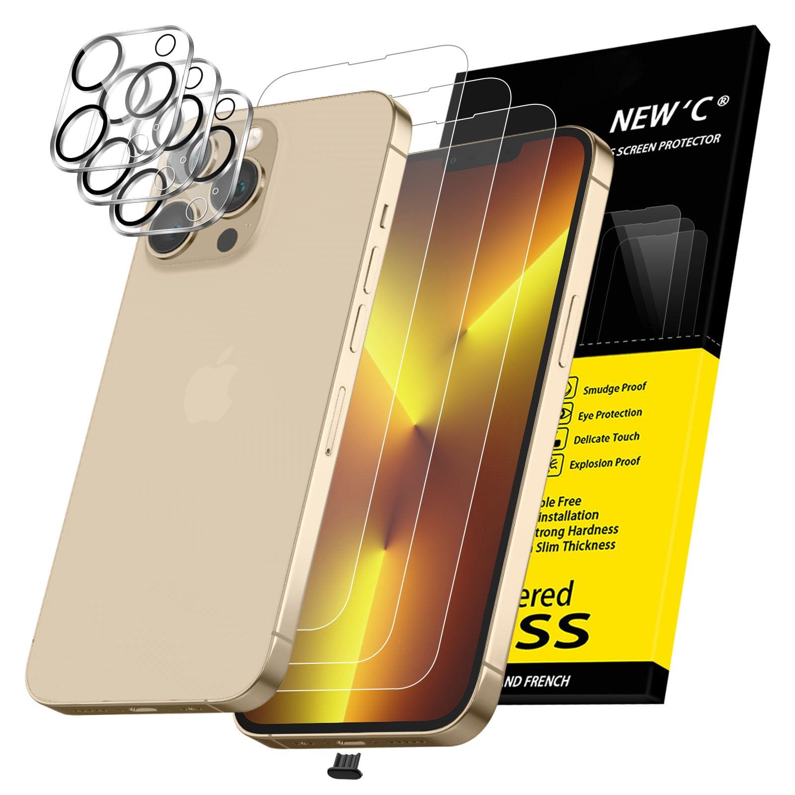 NEW'C 3x for iPhone 13 Pro Max Screen Protector (6.7 inches)+ 3x Camera Lens Protector, Sensor Protection + Dust Plug - Case Friendly Tempered Glass Film, Ultra Resistant